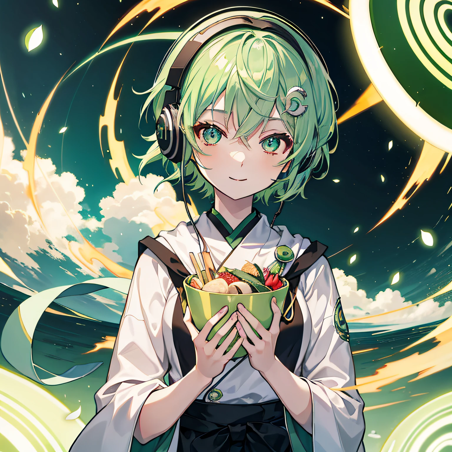 longeyelashes, Solid Circle Eyes, lightsmile, Green hair, Short hair, headphones, Food-themed hair ornaments, stereograms, Tachi-e, Anime style, 8K, Super Detail, ccurate, Best Quality