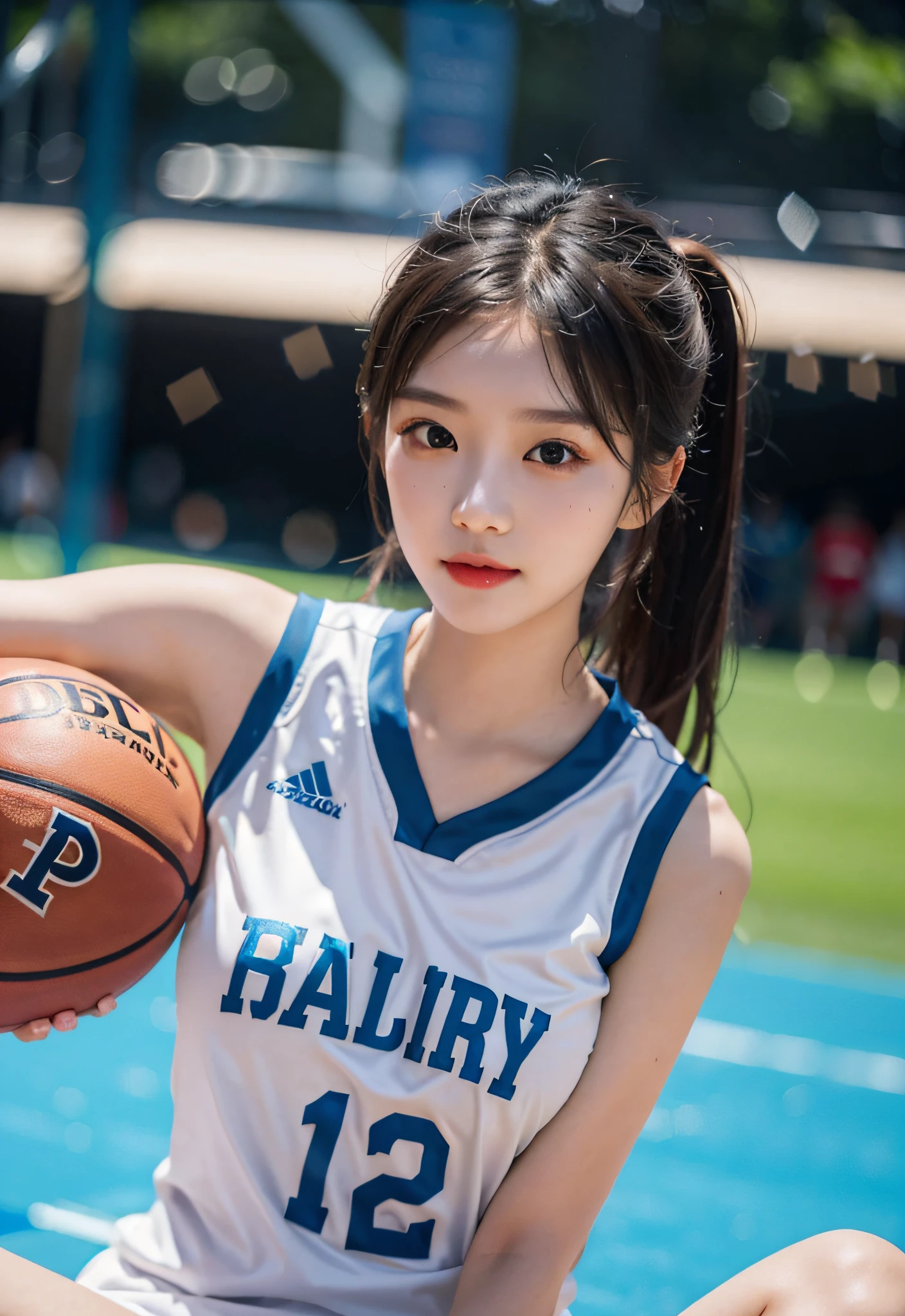（ best qualtiy， tmasterpiece：1.2），A high resolution，4K,1girll，独奏，Delicate face，real looking skin，Dynamic light and shadow,Sharp focus,depth of fields,The eyes are delicate,pupil realistic, Playful expression， wear basketball uniform，（perfect bodies），（Big breasted 1.2），basketball playground，realisticlying, ultra - detailed, (shiny skins, perspired:1.4), looking at viewert,