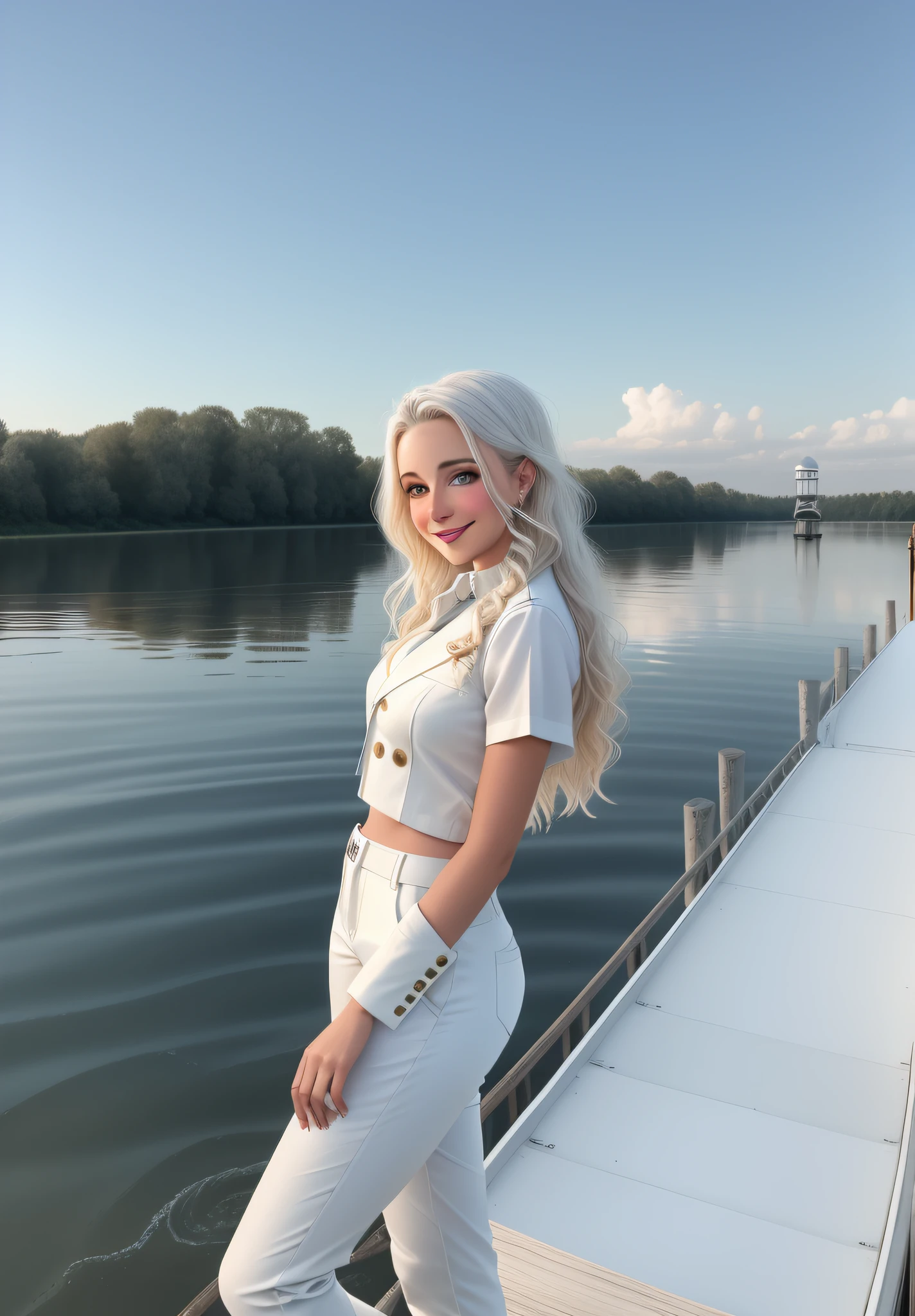 Arafed is a woman in a white suit and trousers, Standing on the pier by the pond, on a boat, River in the background, on a boat on a lake, photo taken in 2 0 2 0, Kylie Mandel, on a lake, on a bridge, beautiful and smiling, standing next to water, summer evening, magdalena radziej