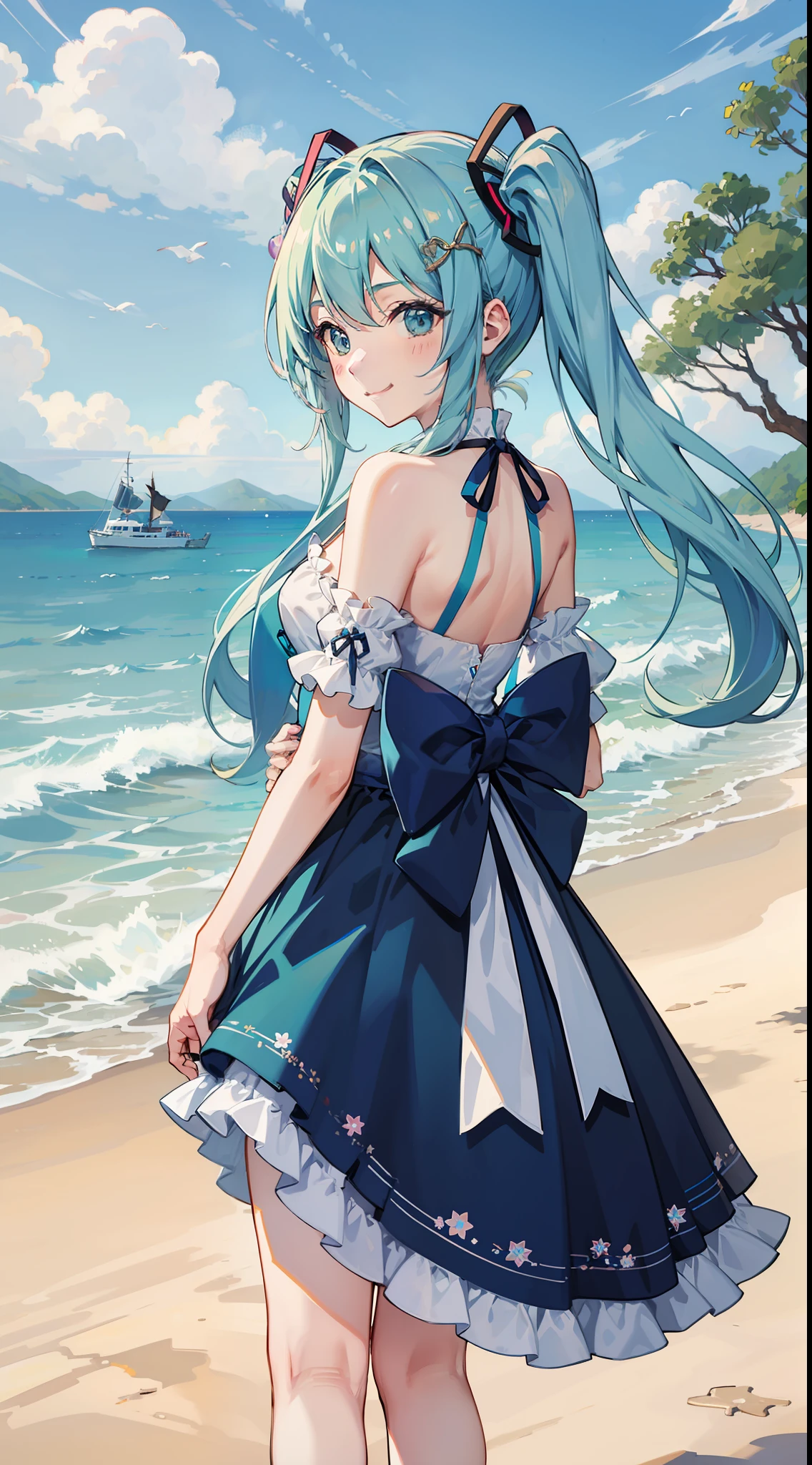 hatune miku, Show from the hips to the shoulders, smile, outdoors, absurdres,