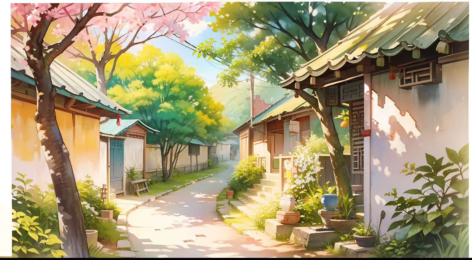 Watercolor painting, small path of Chinese rural houses, trees, bright sun, shade,