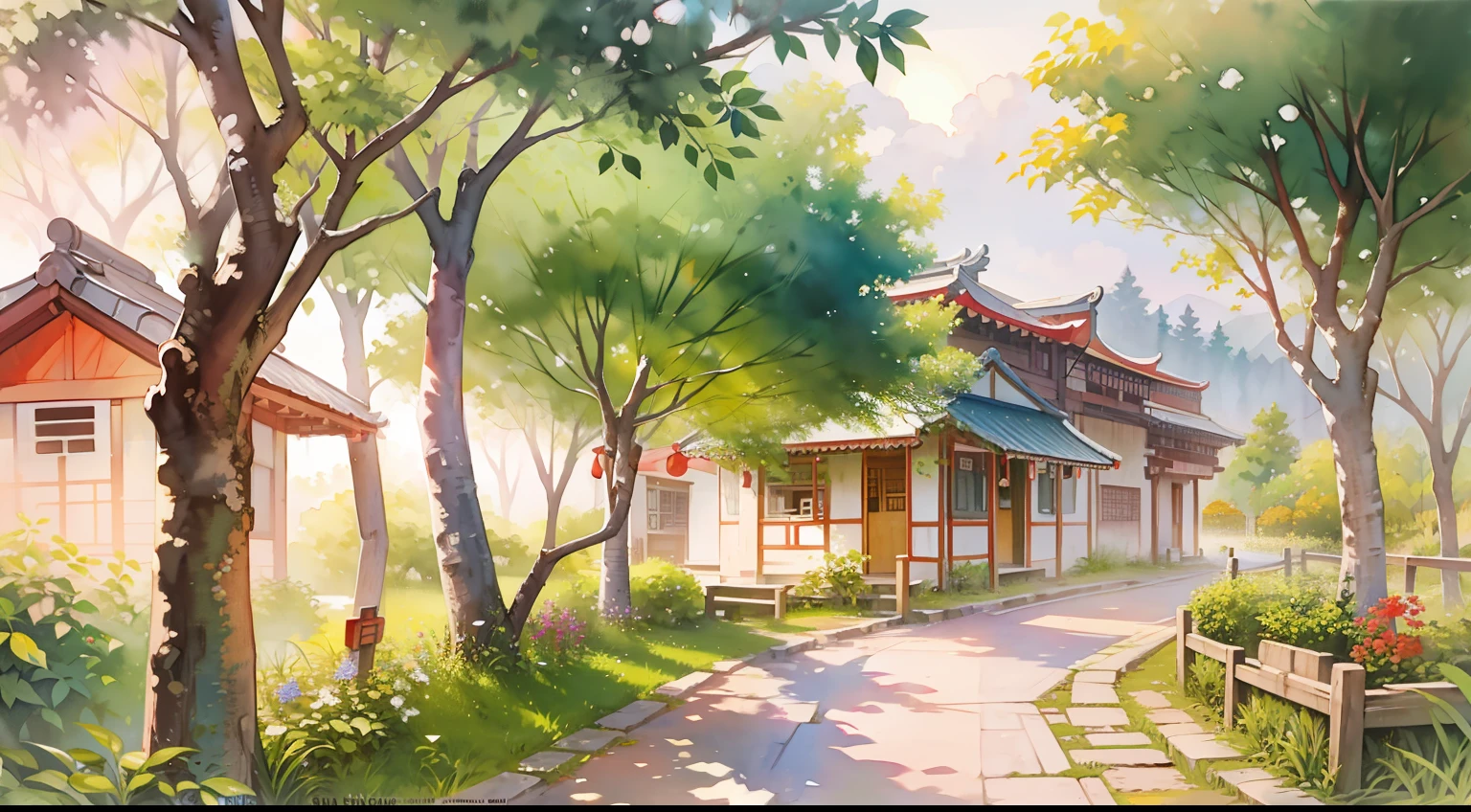 Watercolor painting, small path of Chinese rural houses, trees, bright sun, shade,