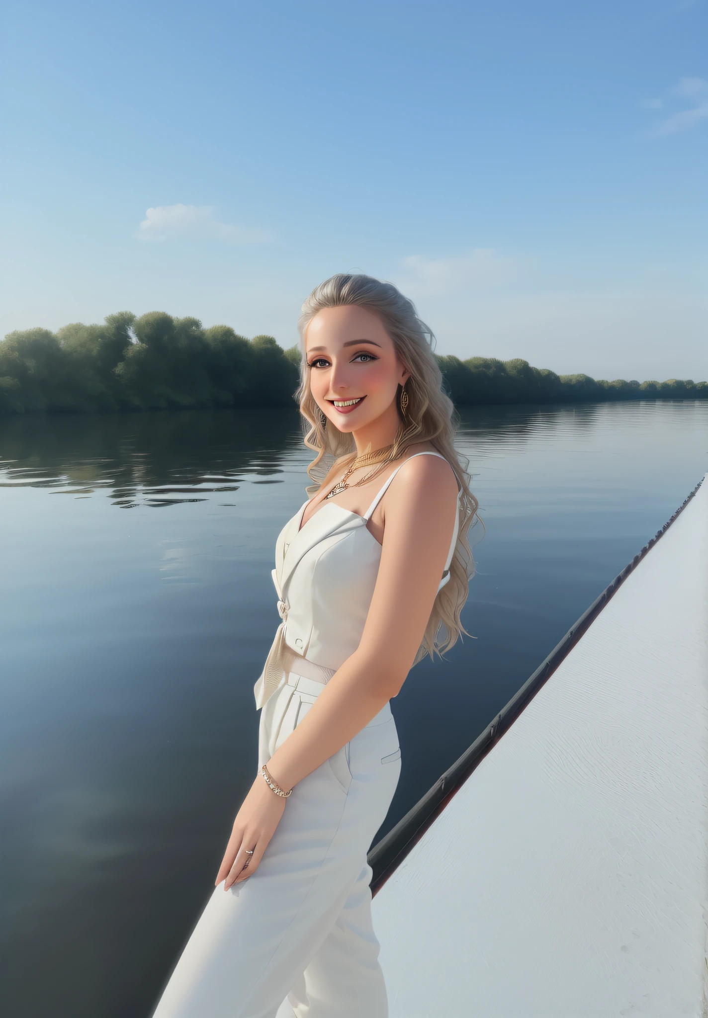Arafed is a woman in a white suit and trousers standing on a pier by a pond, on a boat, River in the background, on a boat on a lake, photo taken in 2 0 2 0, Kylie Mandel, on a lake, on a bridge, beautiful and smiling, standing next to water, summer evening, magdalena radziej