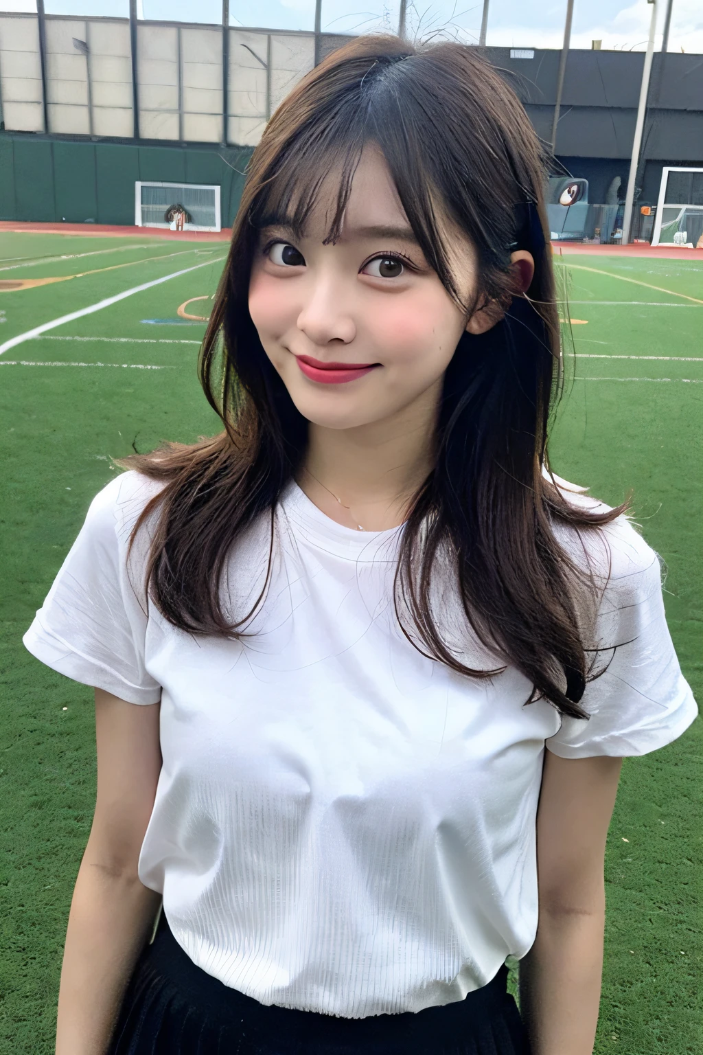 Nice perfect face with soft skin、8K分辨率、A hyper-realistic、ultra-detailliert、top-quality、超A high resolution、professionally lit、Photon Mapping、Radio City、physically-based renderingt、Cinematic Lighting、(athletic field:1.5)、depth of fields、Focusing、Good composition、1人、(full bodyesbian:1.4)、(Keep your mouth shut)、Beautiful eyes、the pose、Constriction、Red Marathon Uniform、A dark-haired、Unkempt hair、Cowboy short hair fluttering in the wind、(Doing a marathon:1.3)、Mature mature young woman、Sareme、Super cute