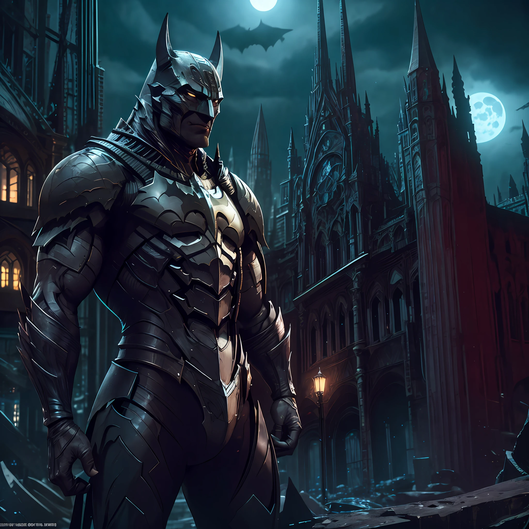 Batman from the dark knight stands imposing in a gothic lost city. Moonlight highlights your muscles and scars. The scenery is lush and mysterious, with futuristic tech and surroundings. The camera details everything, a warrior woman, in front of him.