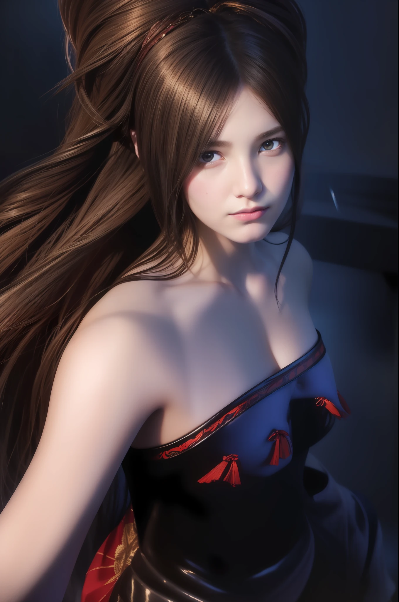 Hyperrealist portrait of female by david hockney and alphonse mucha,fantasy art, photo realistic, dynamic lighting, artstation, poster, volumetric lighting, very detailed faces, 4 k, award winning,, 1girl, in the dark, deep shadow, low key,cowboy shot,(official clothing:1.4) ,long hair,white hair,