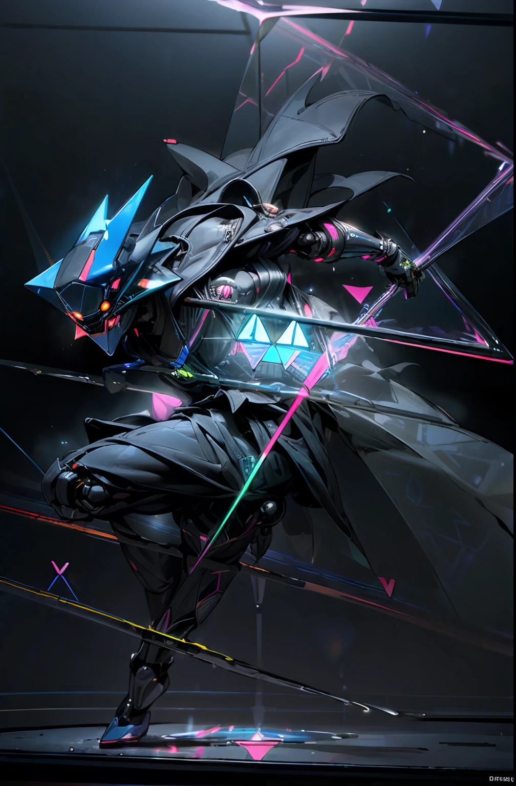 (Rhombic hologram:1.5)、helmets、gas masks、(Neon liquid:1.5)、(neon wiring:1.2)、(Samurai costume:1.3)、(Dynamic Posing:1.3)、Irridescent color、cyberpunked、1man、Mechanical Marvel、droid