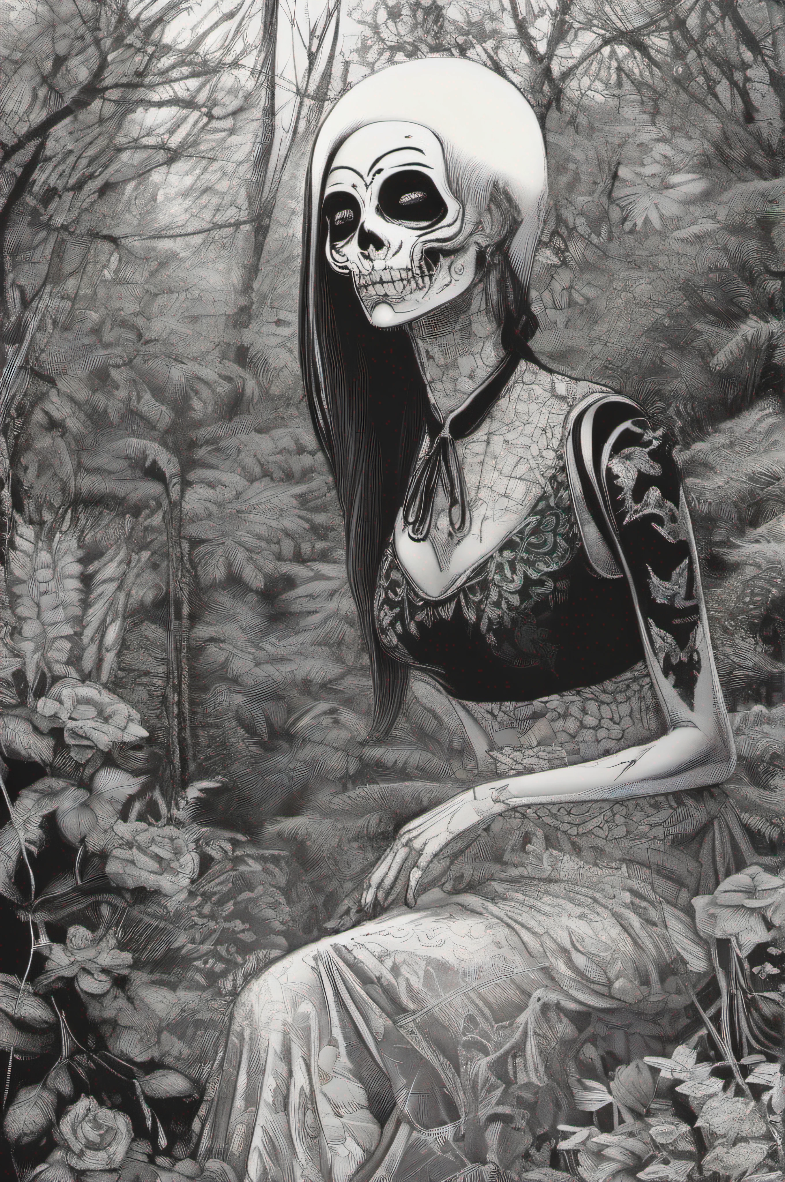me de varias caveiras, preto e branco no estilo junji ito