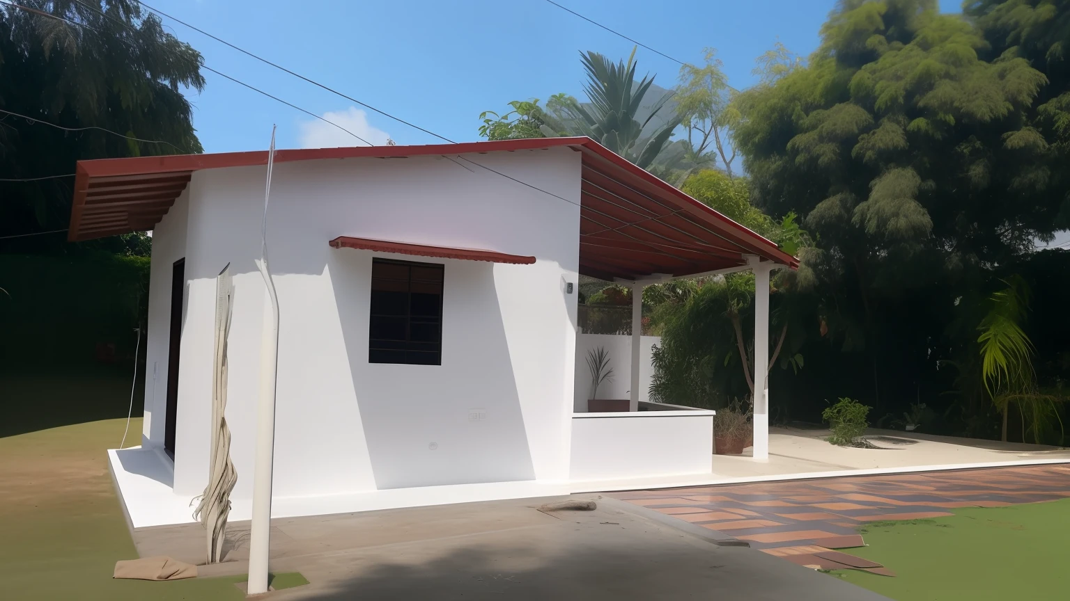 There is a small white building with a red roof and a wooden roof, Vista frontal, Frente, vista externa, vista frontal, vista exterior, vista lateral frontal, imagem central, Front view, imagem frontal, Directed by: Willian Murai, casa completa, visto de fora, vista de lado, Frontal, Directed by: CeFerí Olivé, Vista frontal