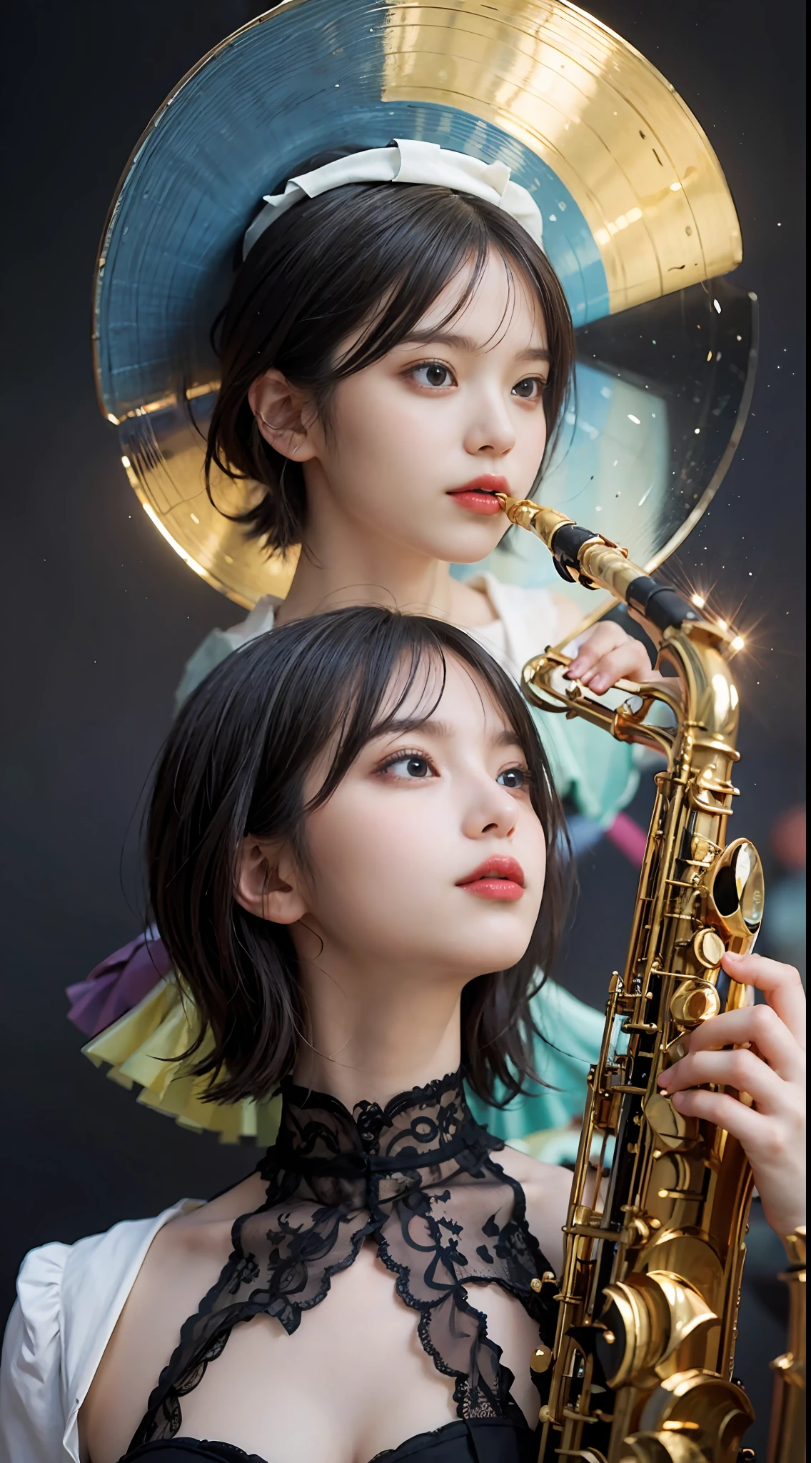 Best Quality, masutepiece, (Photorealistic:2), Ultra High Resolution, Highly detailed, A hyper-realistic, 1girl in, ((Woman playing alto saxophone)), (Longer dress), Floral pattern, colourfull_hair、(((very_short_hair))), Short hair, Slim body, Full Shot, Looking at Viewer, Night, ((Music hall)), Dark Scene, Dark atmosphere, spot light, myst, Detailed background