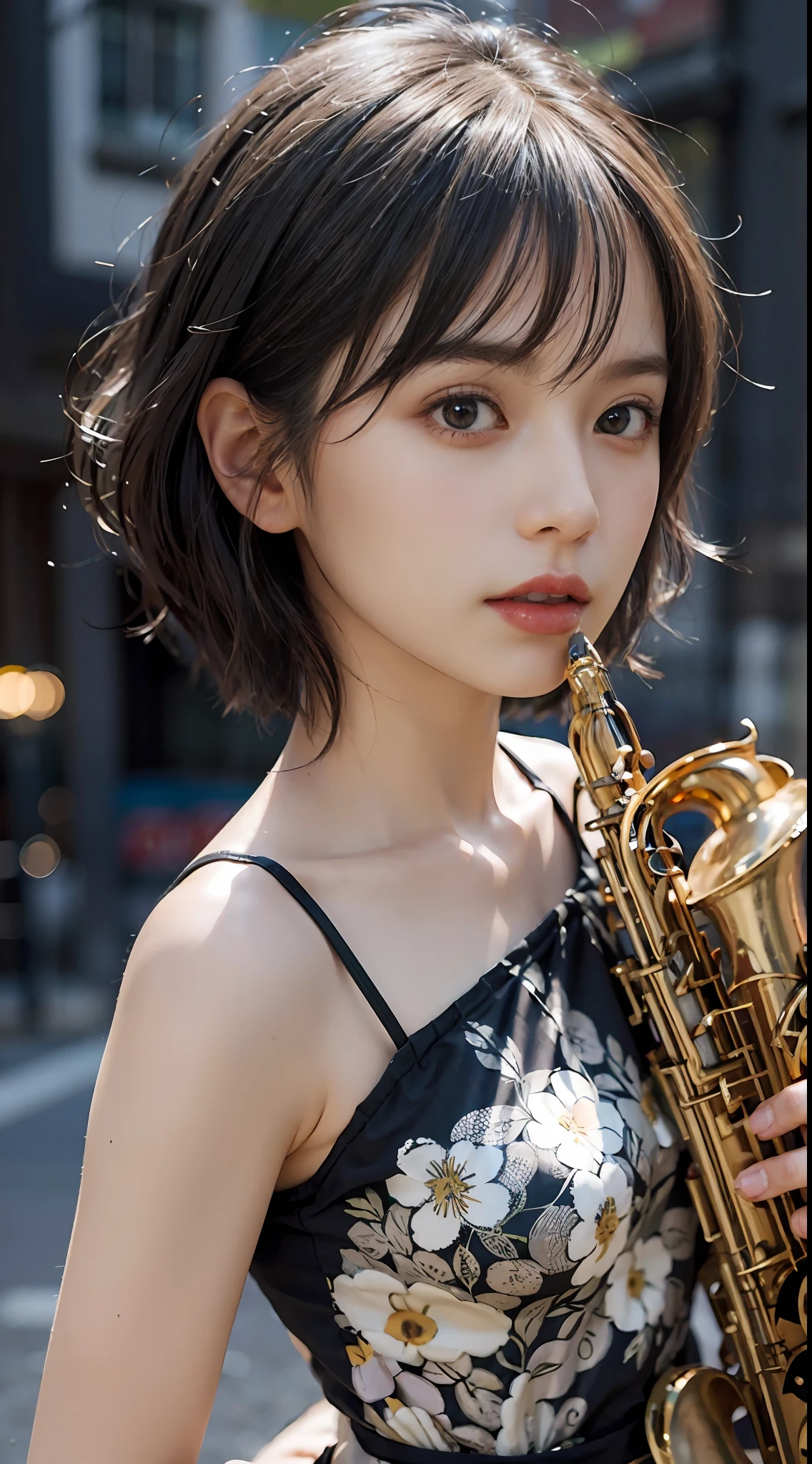 Best Quality, masutepiece, (Photorealistic:2), Ultra High Resolution, Highly detailed, A hyper-realistic, 1girl in, ((Woman playing alto saxophone)), (Longer dress), Floral pattern, colourfull_hair、(((very_short_hair))), Short hair, Slim body, Full Shot, Looking at Viewer, Night, ((Music hall)), Dark Scene, Dark atmosphere, spot light, myst, Detailed background