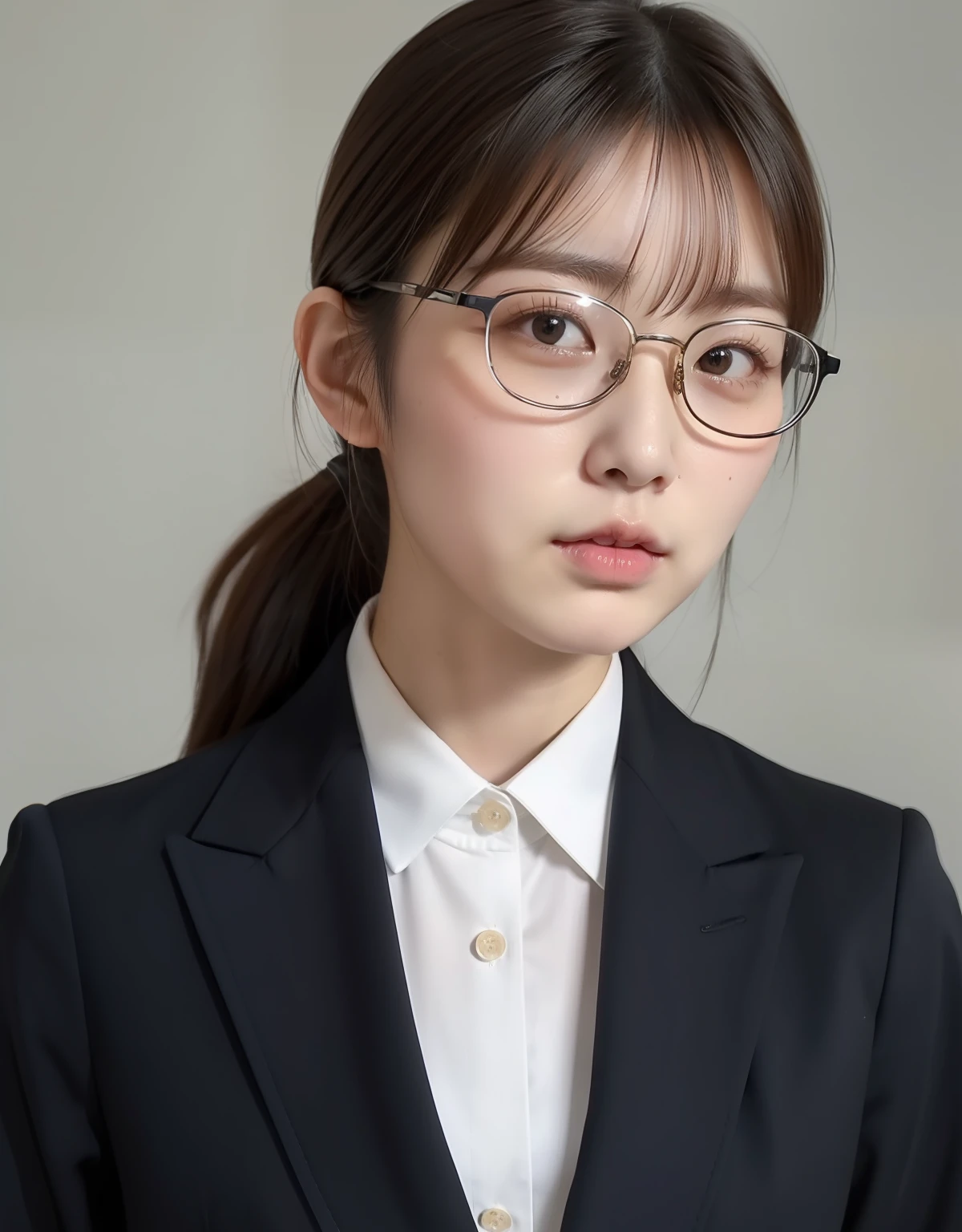 japanes、28 year old、femele、Wearing a recruit suit、Wearing glasses、poneyTail、Bangs are down、Suppin、Looks faint-hearted