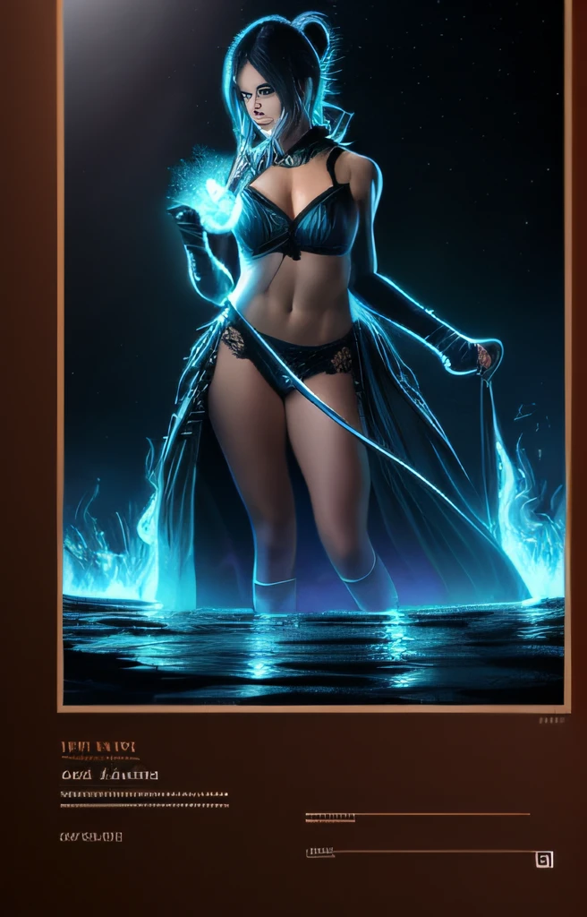 a woman with a blue flame in her hand, conceito de corpo inteiro, conceito detalhado de corpo inteiro, Pose de corpo inteiro de feiticeira escura, humano :: feiticeira, personagem de fantasia complexa, personagem bruxa escura, full body character concept, conceito de personagem de fantasia, dark sorceress full view, novo conceito de figurino, Retrato completo de Electromancer, melhor qualidade, realista, realista, Award-Winning Illustration, (rosto altamente detalhado e textura da pele), (corpo inteiro), (detalhe complicado: 1.2), (detalhe fino), (detalhe complicado), (cinematic lights, luz de fundo de melhor qualidade), lines sharp, foco nítido, Arte Oficial, unidade 8k papel de parede , Absurdo, inacreditavelmente Absurdo, tamanho de arquivo enorme, Garota nua ultra- , Arte de Fantasia, RTX,((Foto de encerramento-up by award-winning studio)), , (cale a boca), , perfect hands, lindos olhos detalhados, rosto perfeito