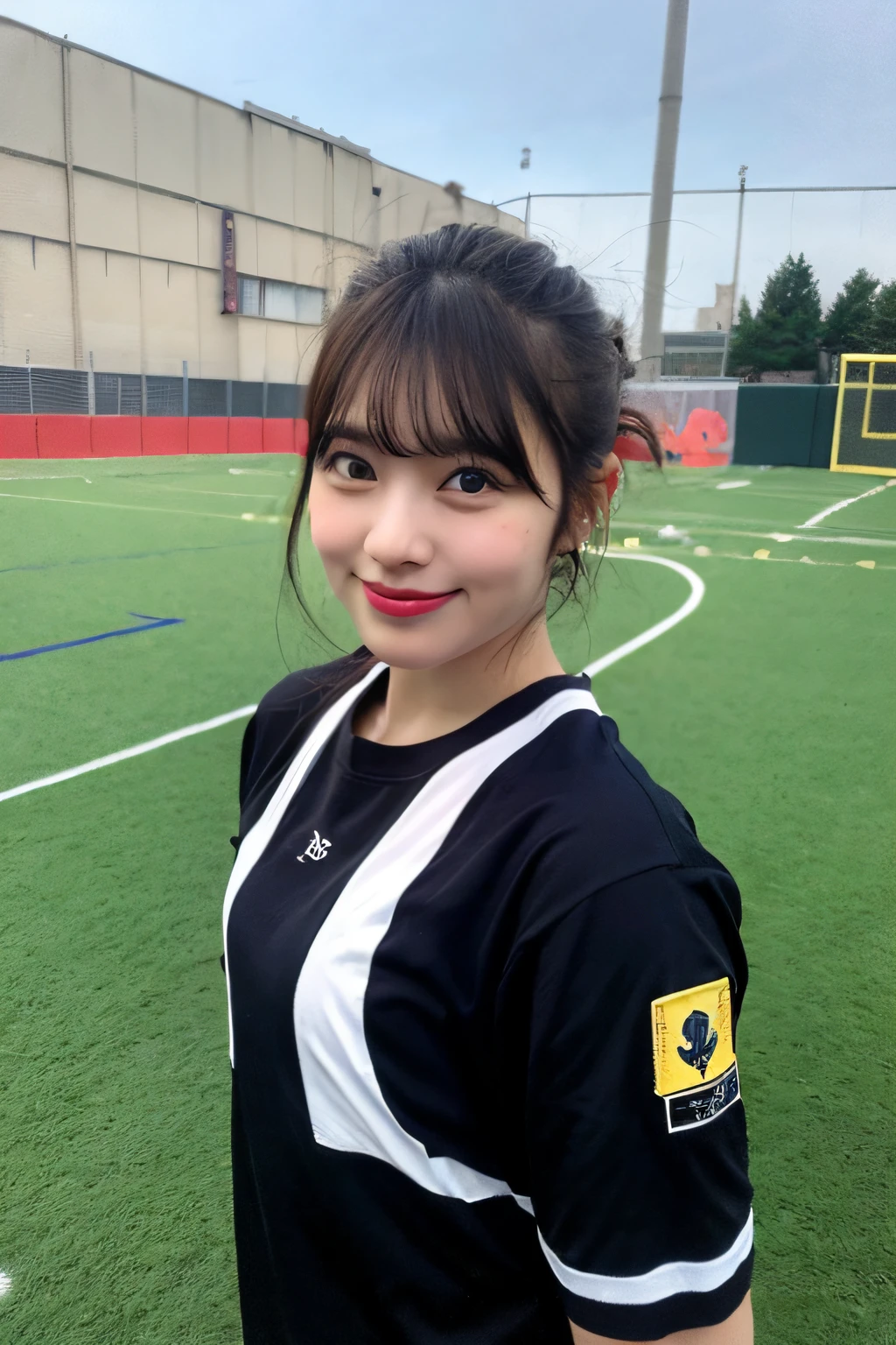 Nice perfect face with soft skin、8K分辨率、A hyper-realistic、ultra-detailliert、top-quality、超A high resolution、professionally lit、Photon Mapping、Radio City、physically-based renderingt、Cinematic Lighting、(athletic field:1.5)、depth of fields、Focusing、Good composition、女の子1人、(full bodyesbian:1.4)、(Keep your mouth shut)、Beautiful eyes、the pose、Constriction、Red Marathon Uniform、A dark-haired、Unkempt hair、Cowboy short hair fluttering in the wind、(Doing a marathon:1.3)、Mature mature young woman、Sareme、Super cute