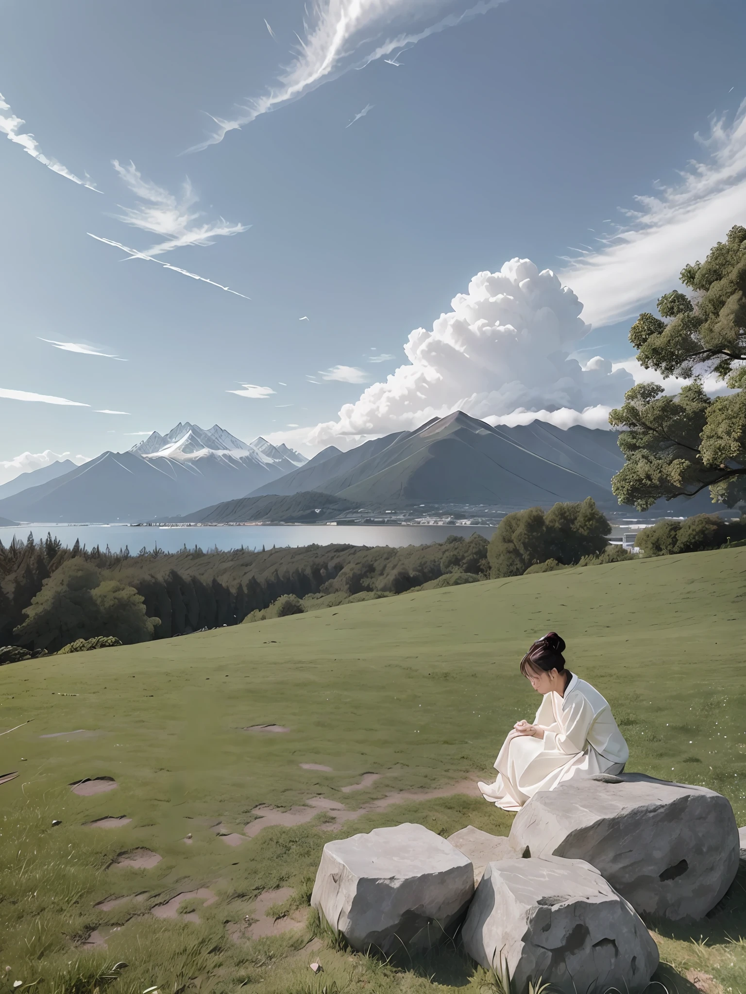 tmasterpiece，Need，On the grass, two people sat and played chess，Wearing white Hanfu，Go board，with mountains in the distance, with the mountains in the background, from the distance, 8 k''. filling of the view, with the mountains in the background, 8 k''. filling most of the view, visto ao longe, taken with sigma 2 0 mm f 1. 4, at peace, Far view，Beautiful lighting and realistic proportions，As if it were a movie backdrop，8k，HighestQuali，tmasterpiece，Clouds and stars in the sky。