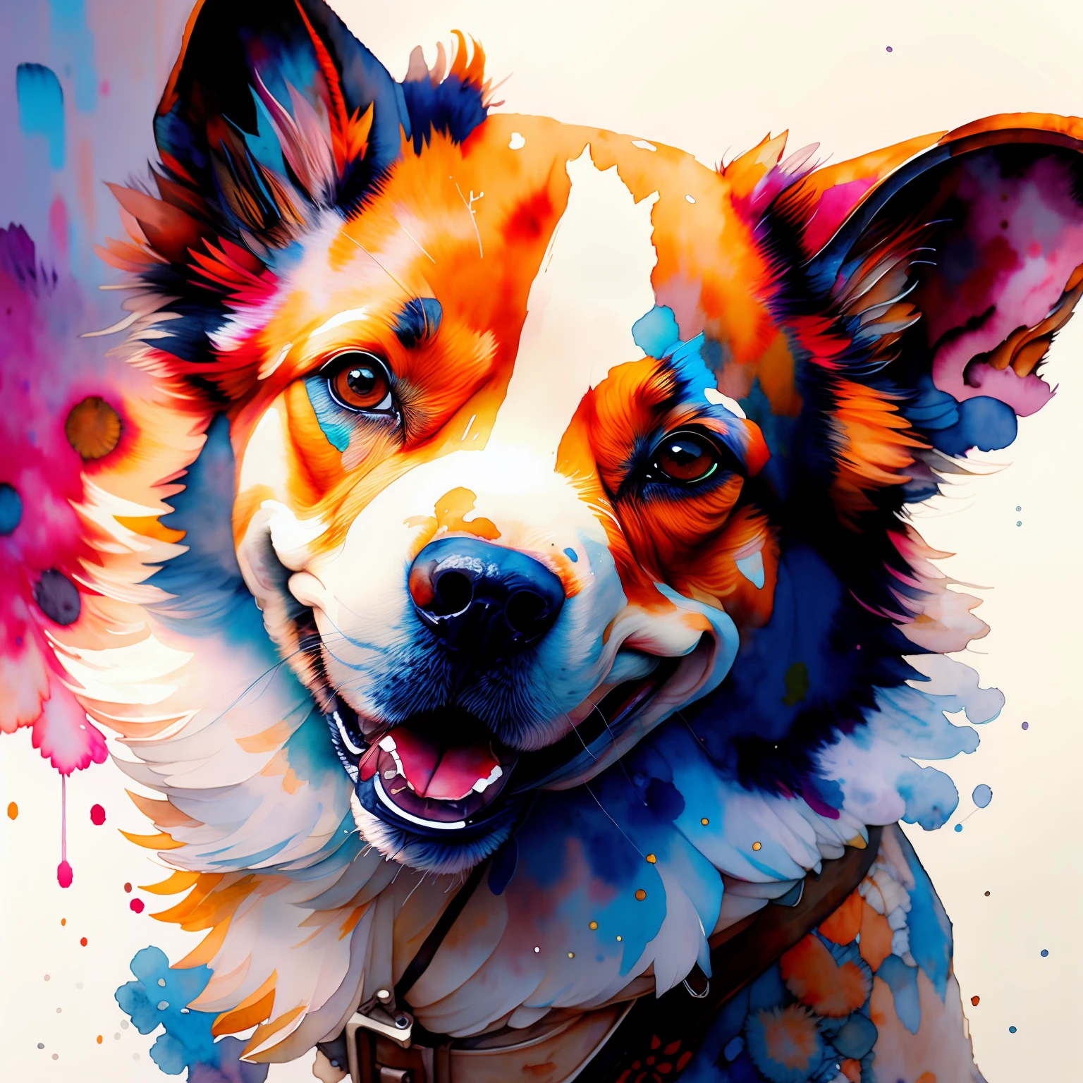 wtrcolor style, Digital art of (dog character), official art, frontal, smiling, masterpiece, Beautiful, ((watercolor)), face paint, paint splatter, intricate details. Highly detailed, detailed eyes, [dripping:0.5], Trending on artstation, by Rachel Walker