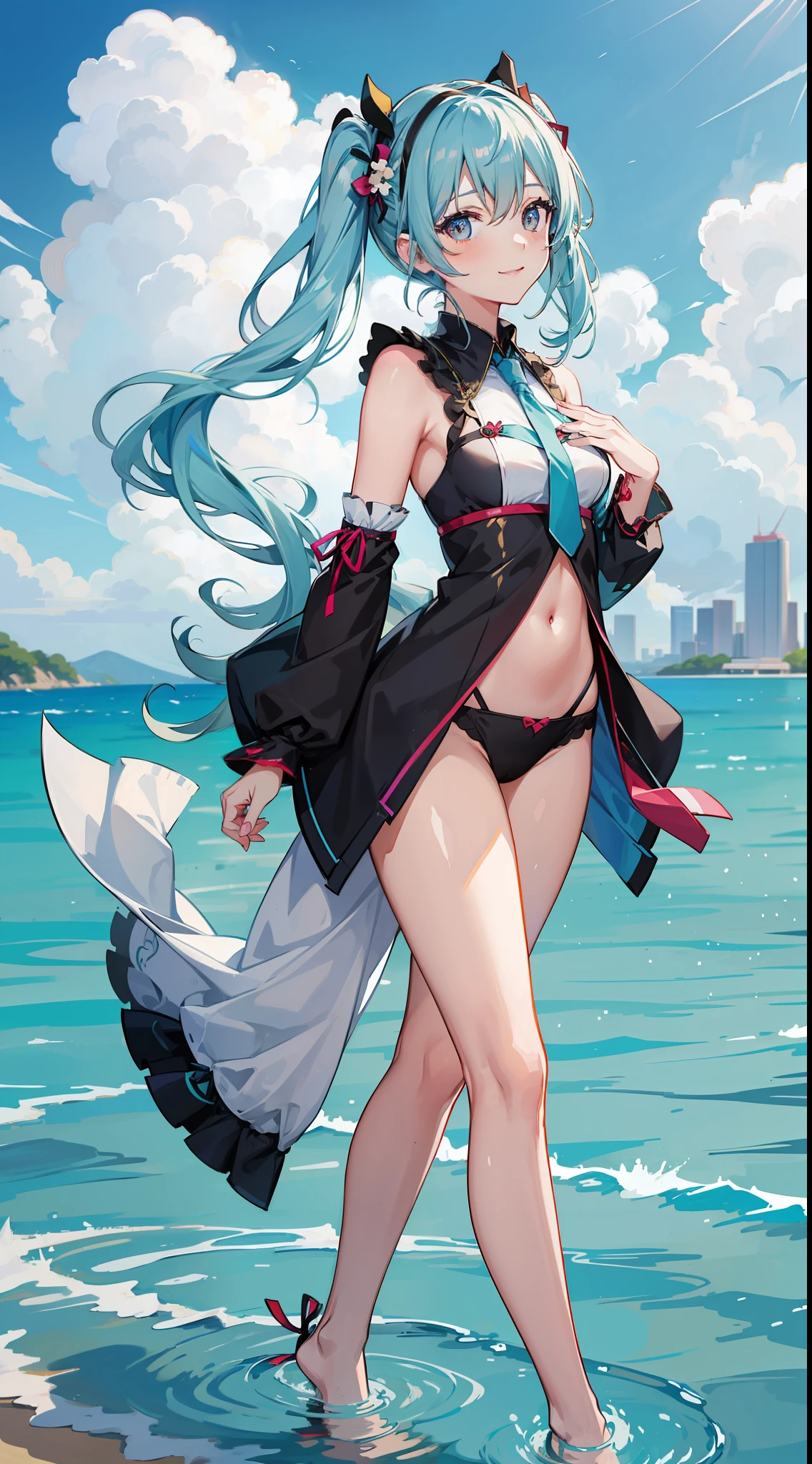 hatune miku, Show from the hips to the shoulders, smile, outdoors, absurdres,