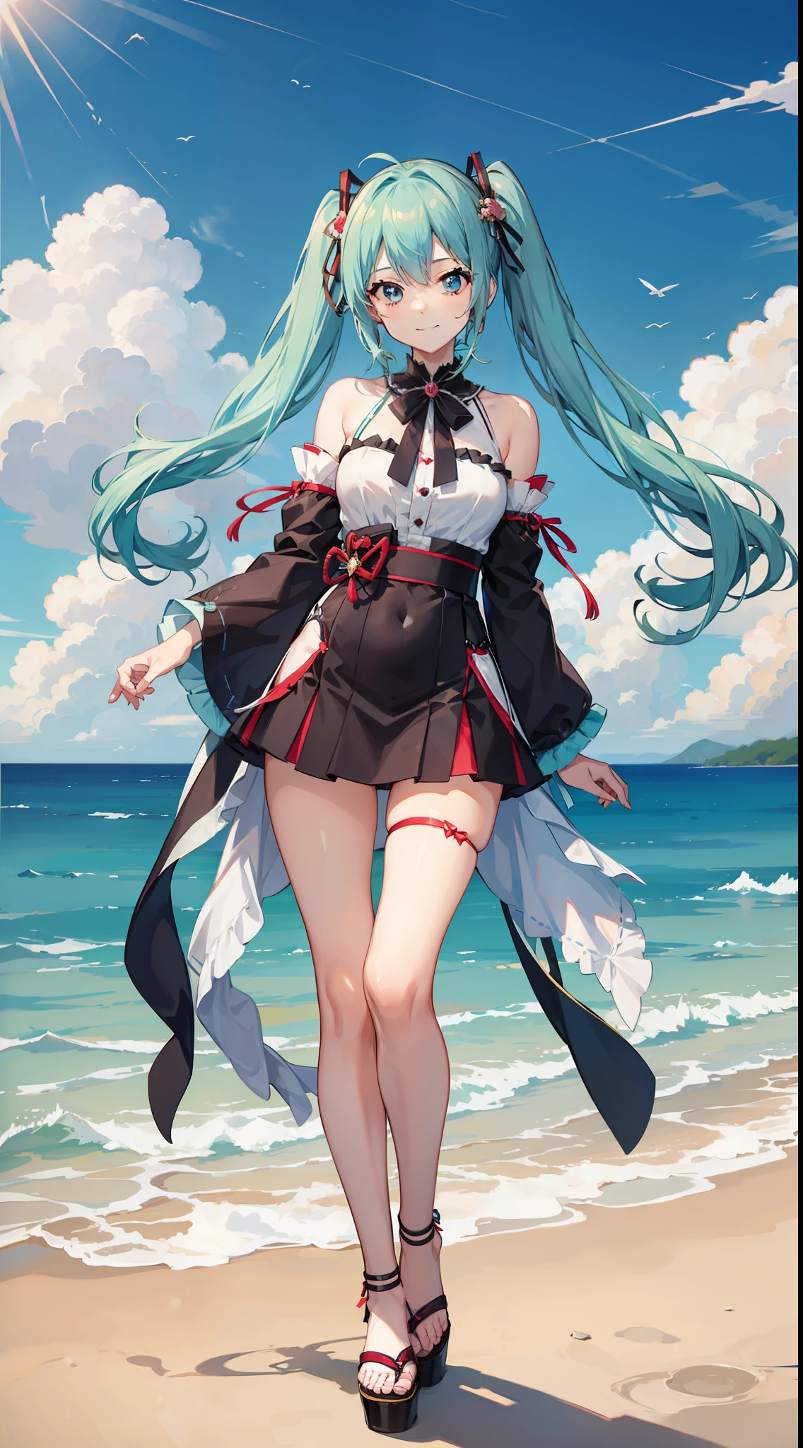 hatune miku, Show from the hips to the shoulders, smile, outdoors, absurdres,