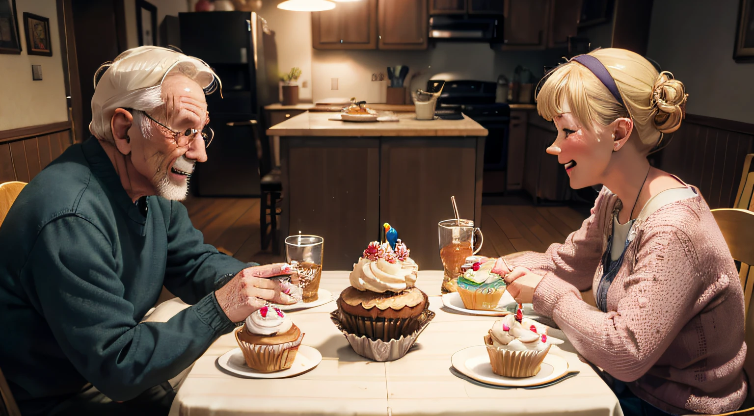 Old couple sitting at the dining table，Cupcakes and cakes in the kitchen, eating a cake, Heartwarming, photo still of, detailed portrait shot, high quality portrait, Family dinner, warm and joyful atmosphere, celebrating a birthday, High quality photos, advertising photograph, , portrait shooting, exclusive, beautiful photograph, Realism",people inside eating meals