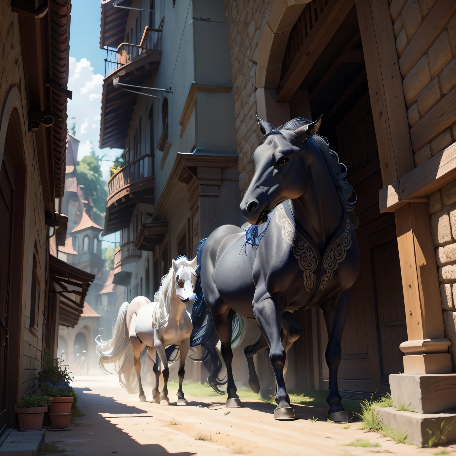 Please help me draw a picture，An octopus walking a horse，The horse's fur is gray，The octopus is blue