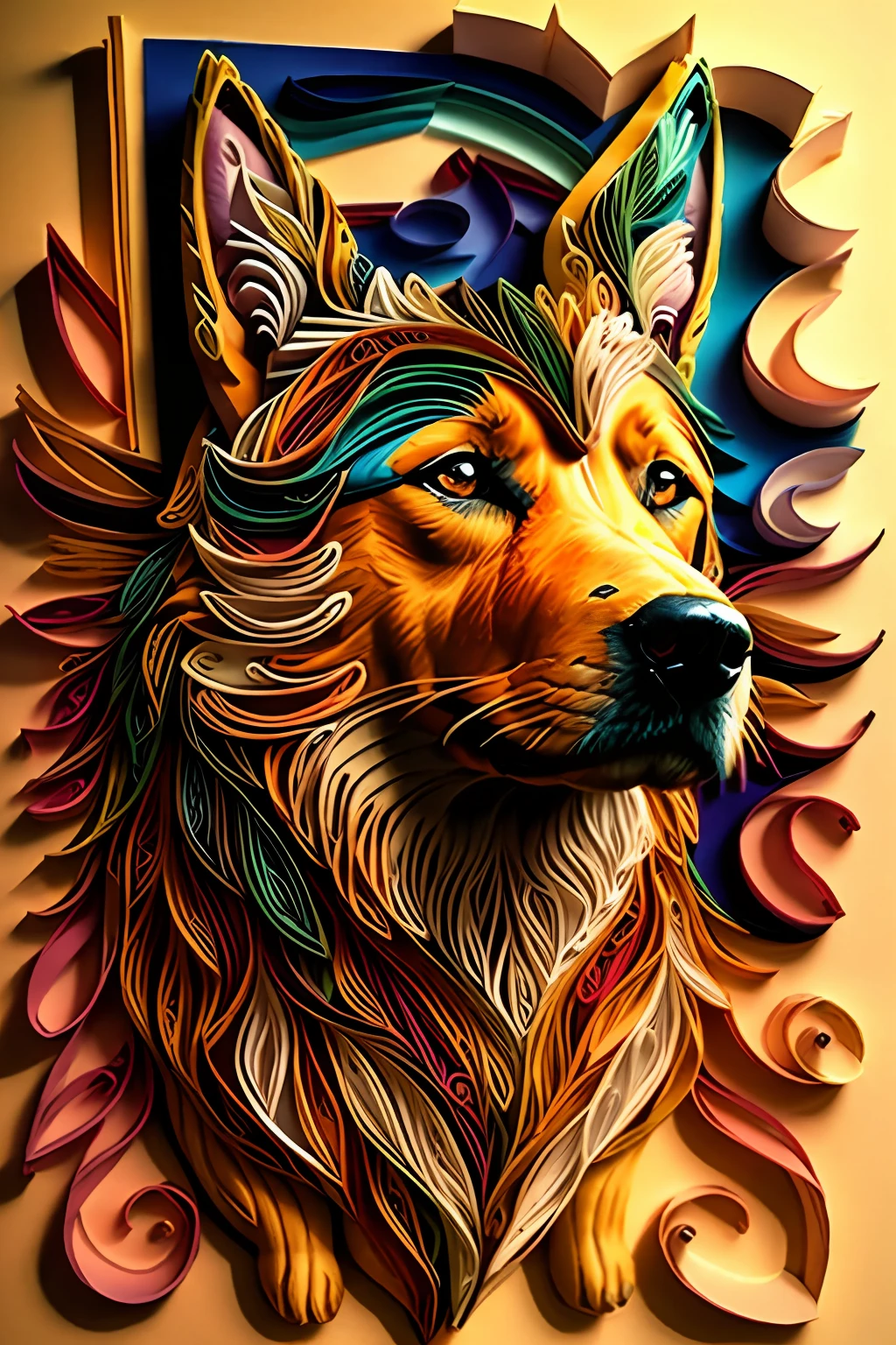 dog,multi dimensional paper quilling, art,
yang08k, beautiful, colorful,
masterpieces, top quality, best quality, official art, beautiful and aesthetic,