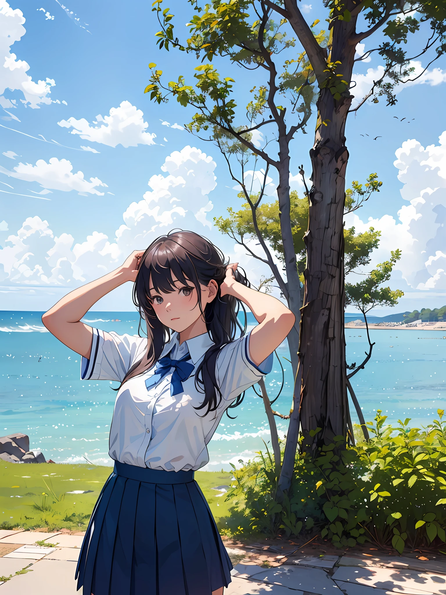 Blue sky, white clouds, sea, a girl, JK, high quality, 8K, rich details, summer, school_uniform,beautiful_face,school_uniform,beautiful_face,extremely detailed CG unity 8k wallpaper,detailed manga illustration,intricate detail,