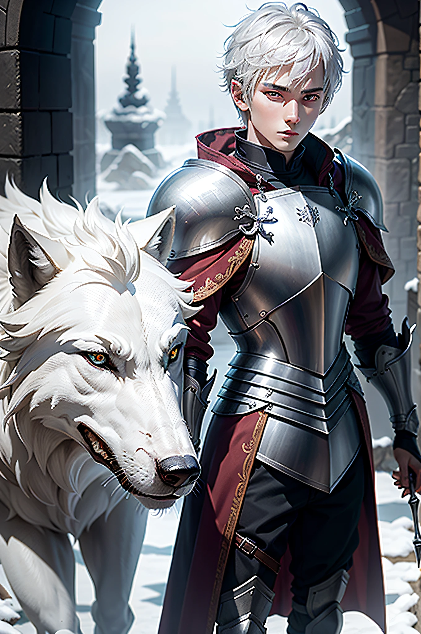 Short-haired male knight with silver hair,red - eyed,Ice magic,Age 18,There are white wolves around。