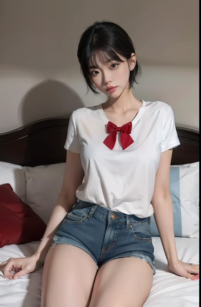 one woman, korean, short black hair, black eyes, inside bedroom, near bed, short jeans shorts , white skin, detailed skin, thin thighs, well detailed body, detailed face, best quality, masterpiece, 4k, red bow on the head, sexy pose
