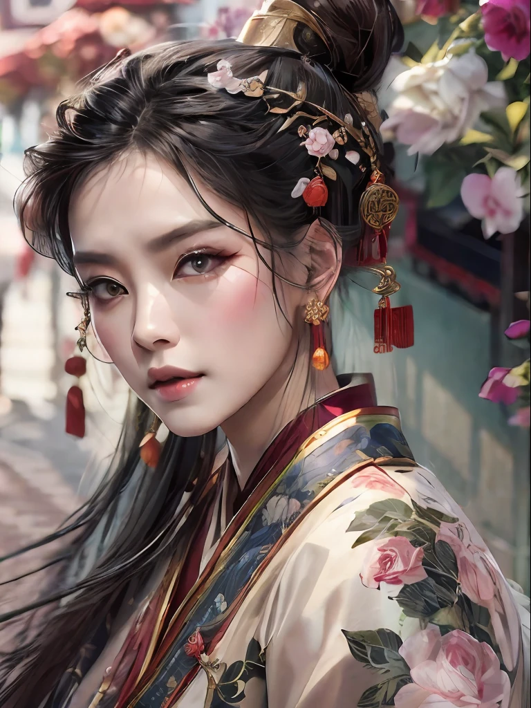 HighestQuali，tmasterpiece：1.2，Detailed details，4K，The beauty of traditional Chinese clothing，Beautuful Women，exquisite facial features，National customs，Hanfu，street art style