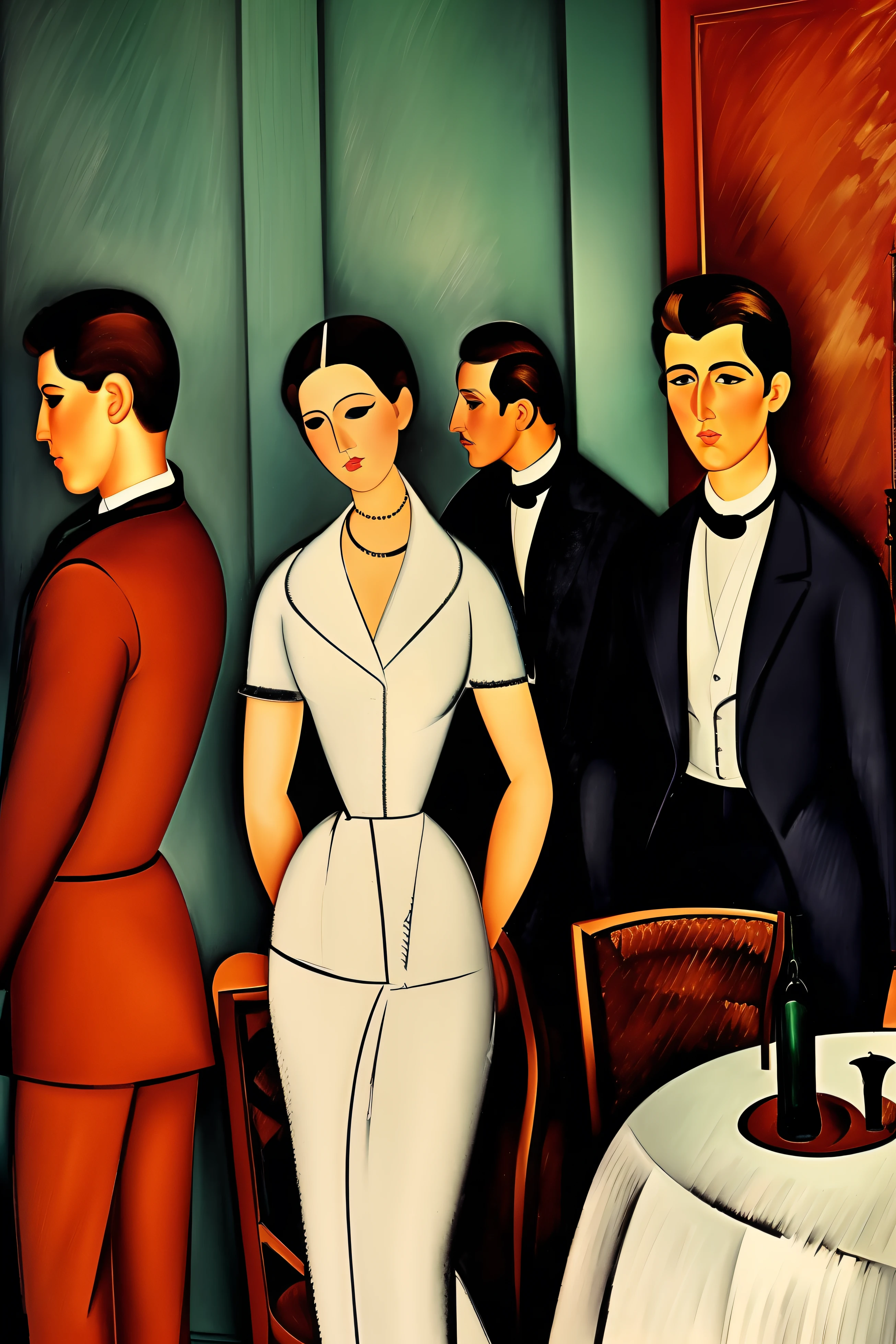 a party in a Paris lounge restaurant in the early 20th century, los invitados son ((characters from the works of Amedeo Modigliani represented standing or sitting according to the composition of the image to be generated ))cinematography lighting, ultra detallado, Pintura digital, Artstation, arte conceptual, Suave, foco nítido, illustration, (piel alta y detallada:1.2), 8k UHD, DSLR, Soft lighting, alta calidad, Film grain, Fujifilm XT3 mix4 Wildstyle RAW foto,