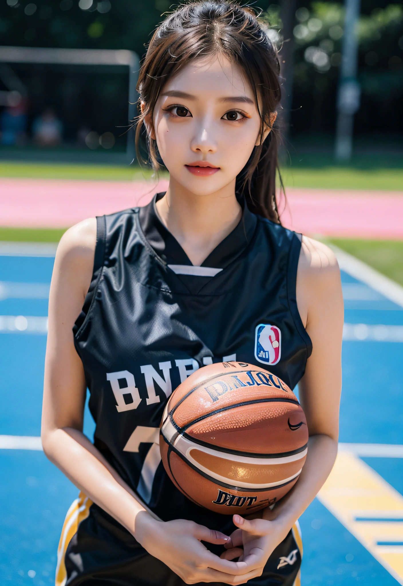 ( best qualtiy, tmasterpiece:1.2),A high resolution,4K,1girll,独奏,Delicate face,real looking skin,Dynamic light and shadow,Sharp focus,depth of fields,The eyes are delicate,pupil realistic, Playful expression, wear basketball uniform,(perfect bodies),(Big breasted 1.3),basketball playground,realisticlying, ultra - detailed, (shiny skins, perspired:1.4), looking at viewert,