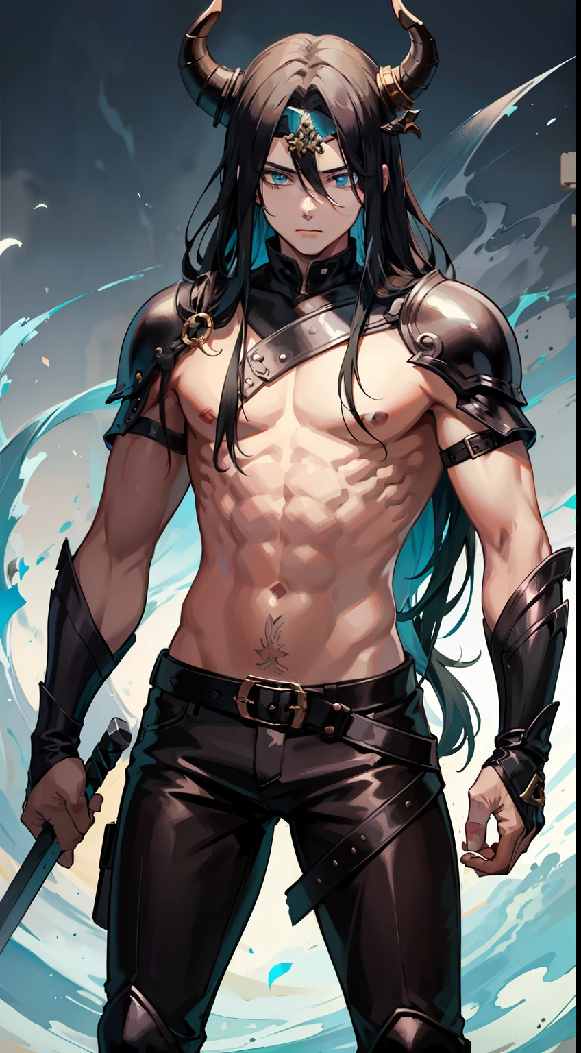 young boy, Long, black, unkempt hair,,,,,,,, Cyan eyes, brawn, Viking, open torso, horned helmet, a sword, grimm, Masterpiece, hiquality
