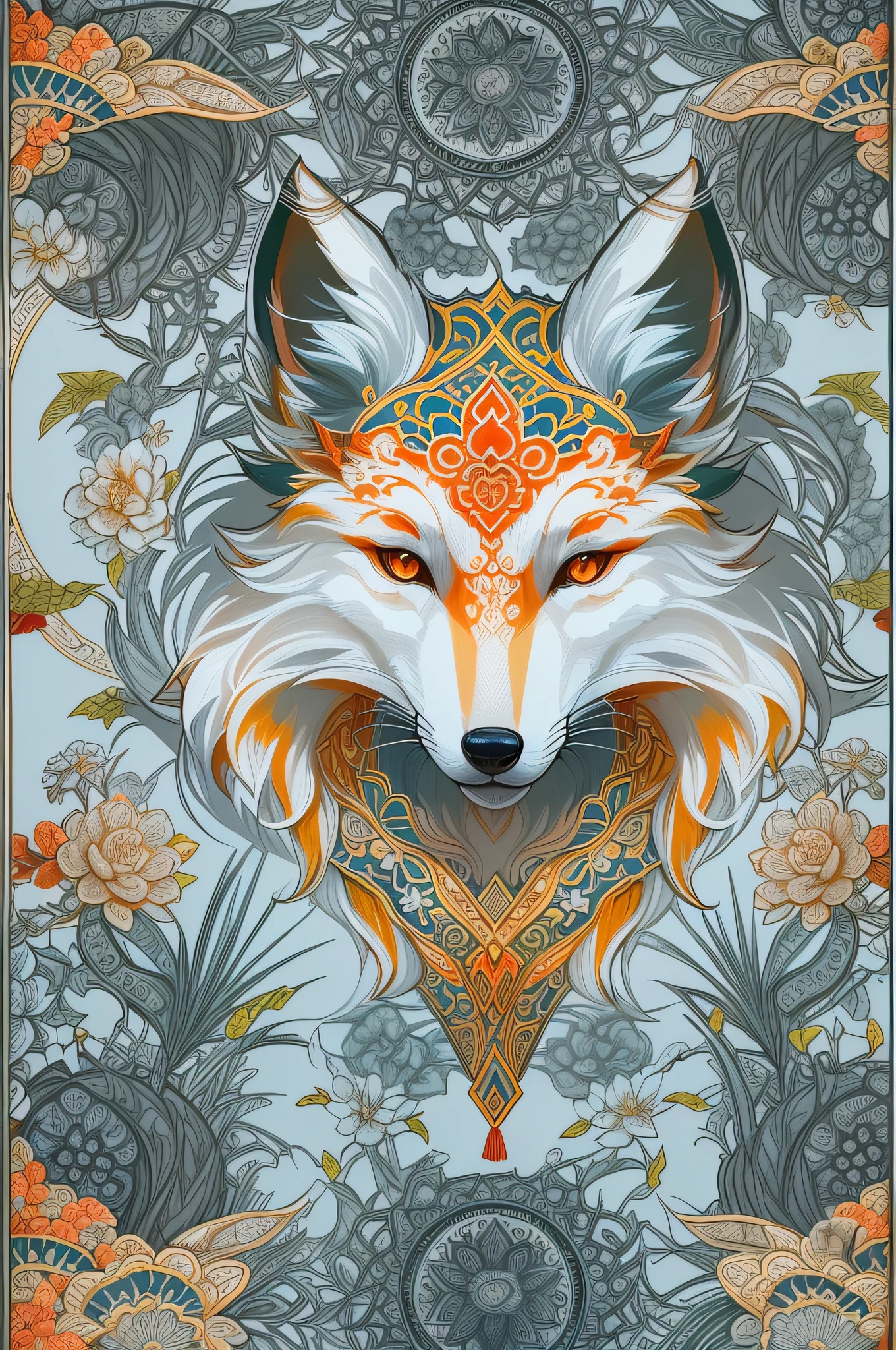 (White background:1.4),(Symmetrical:1.5),(Masterpiece fox head, In the middle,  Oriental elements),（China - chic illustration:1.2, Vector painting:1.2),(Chinese colors,senior color matching),( reasonable design, Clear lines, High sharpness,Best quality, Very detailed, Masterpiece, offcial art, movie light effect, 4K )