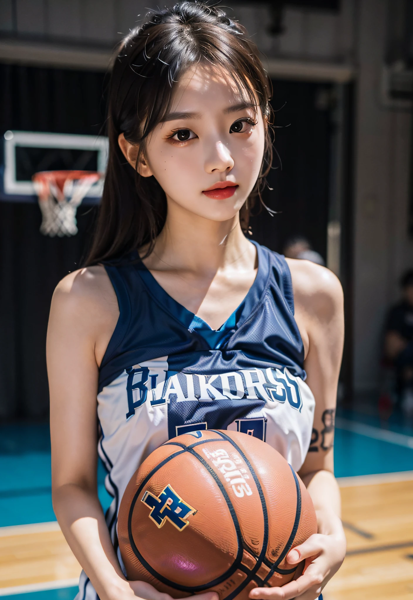 （ best qualtiy， tmasterpiece：1.2），A high resolution，4K,1girll，独奏，Delicate face，real looking skin，Dynamic light and shadow,Sharp focus,depth of fields,The eyes are delicate,pupil realistic, Playful expression， wear basketball uniform，（perfect bodies），（Big breasted 1.3），basketball playground，realisticlying, ultra - detailed, (shiny skins, perspired:1.4), looking at viewert,