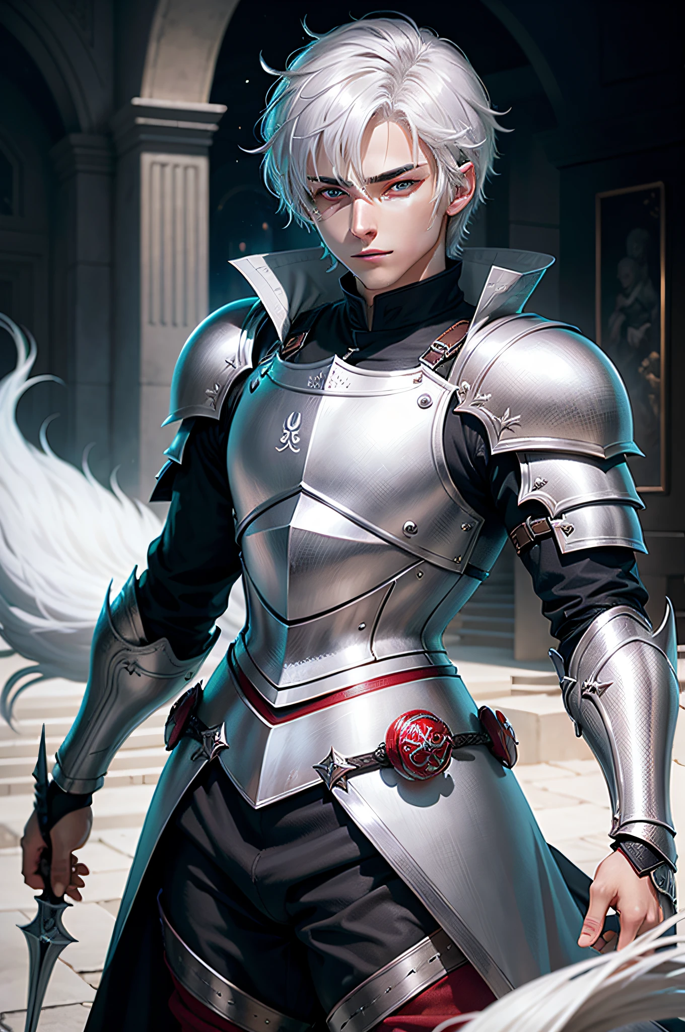 best qualtiy， A high resolution，perfect  eyes， Detailed eyes， high-quality eyes， high-quality eyes，Short-haired male knight with silver hair，red - eyed，Ice magic，Age 18，There are white wolves around。