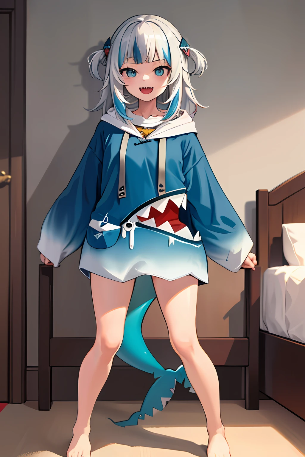 ((masterpiece)), (best quality), (detailed), (1 girl), gawr gura, shark girl, shark hair ornament, blue hoodie, shark tail, shark print, :d, sharp teeth, standing, barefoot, bedroom