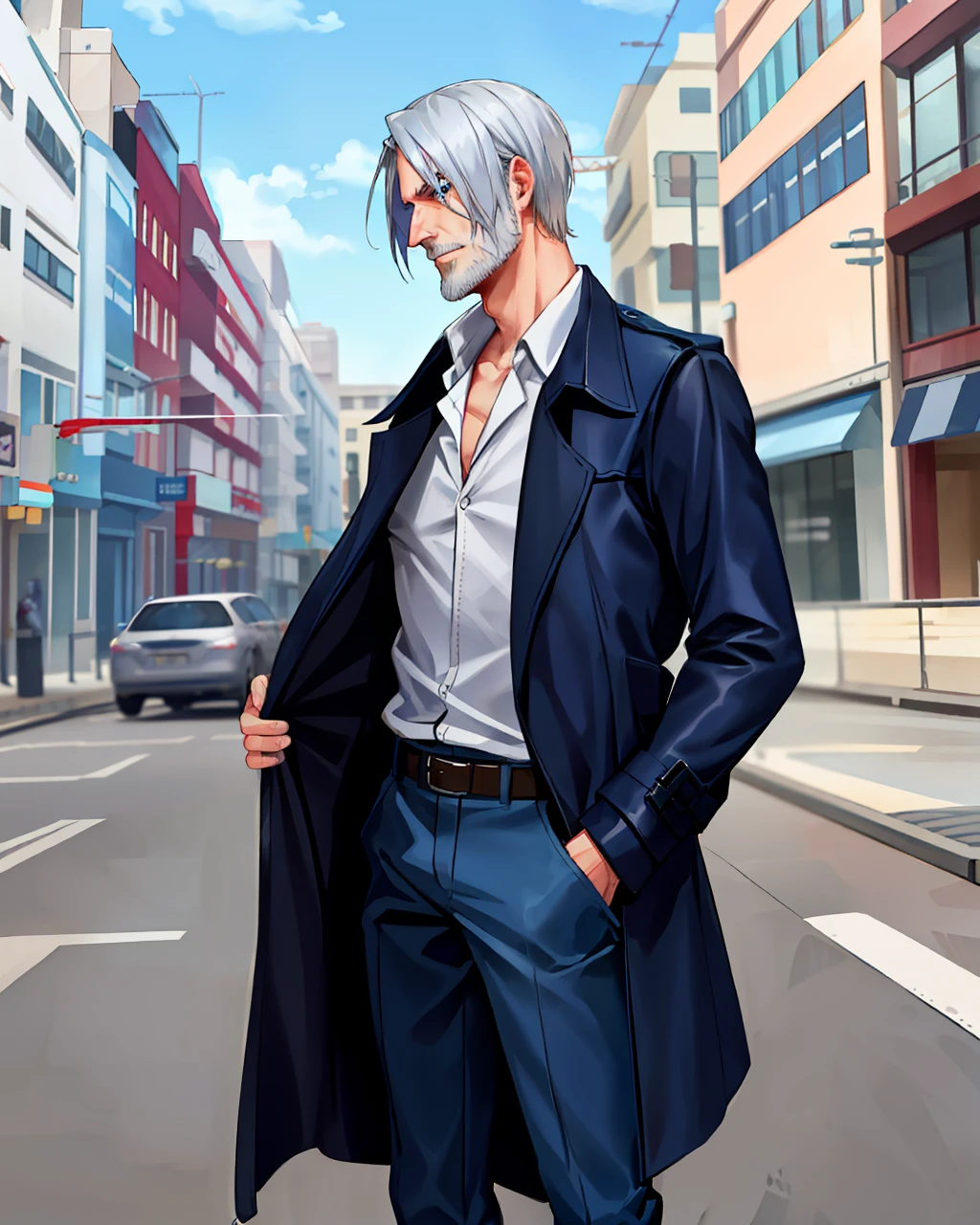 Silver hair, Blue eyes, Two-dimensional, Tall and burly, Mature and steady uncle, There are scars on the face,Wear a wide trench coat