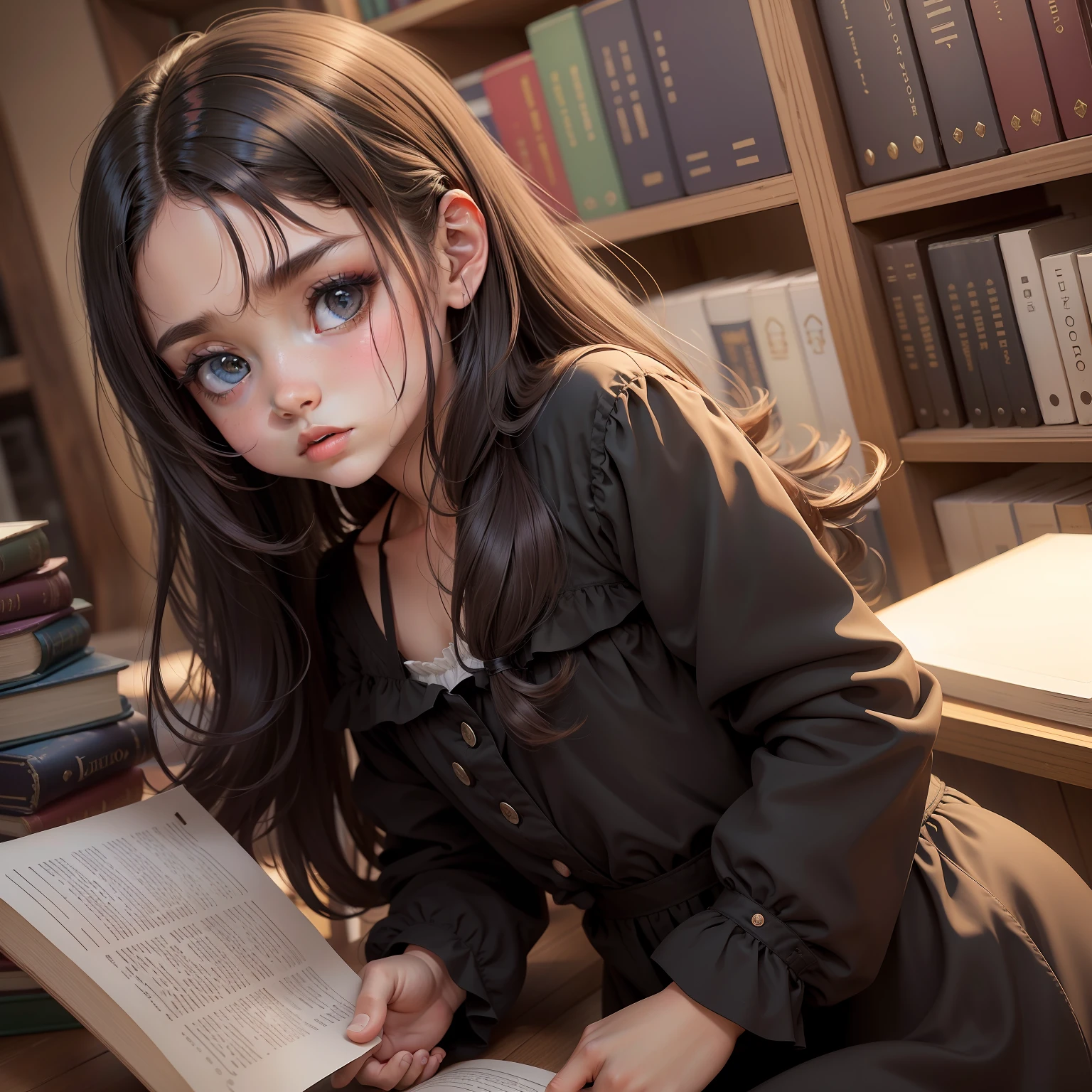 bonito, (obra-prima: 1.2), (melhor qualidade: 1.2), ao ar livre, cidade, biblioteca, livro, lendo, cinemactic, Drama angle, olhos pretos perfeitos, detalhes olhos pretos, rosto perfeito, perfect  lighting, 1 Child, ??? girl, solo, roupas casuais, corpo inteiro, cabelo preto, com vestido, cabelo castanho muito longo, cabelo castanho, cabelo castanho bonito, olhos pretos, rabo de cavalo