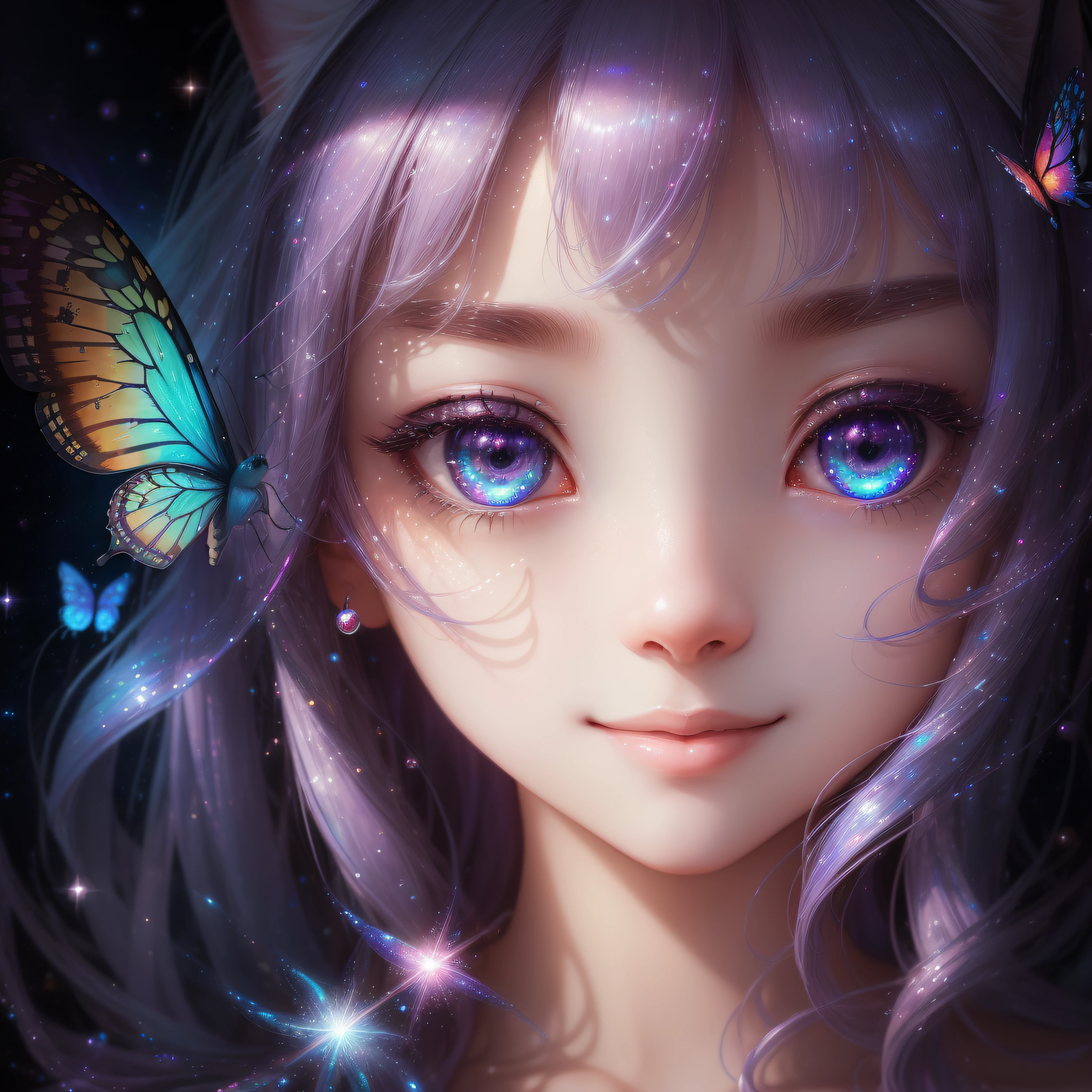 Close up of a smile with the corners of the mouth raised、Close up of a smile with the corners of the mouth raised、Close up of a smile with the corners of the mouth raised、close up of face、close up of face、close up of face、round and clear eyes、Shining eyes、Shining eyes、Beautiful 22 year old woman、dreamlikeart、Highly detailed airbrush art(((Surreal))、intricate detailes、Volumetric lighting、(​masterpiece:1.2)、(top-quality)、（The ultra-detailliert)、(The composition of the movement:1.4)、Highly detailed colorful details、(Irridescent color:1.2)、(Bright lighting)、dream-like、Magical、dynamic compositions、Ray traching、The mirror reflects light、Shallow depth of field、ultra-detailliert、mixing  exposure、nffsw、Super masterpiece、vivd colour、colourfull、One woman's face、(Cute cat in clothes)、Anthropomorphic representation、Rich colors、exquisitedetails、（masutepiece,Best Quality:1.5), (butterflys,Exquisite butterflies,Ultra CG), (High resolution:1.5)、(Big eyes、Iridescent eyes、Shining eyes、Eye Gloss）（Smile with the corners of your mouth raised、Open mouth、lipgloss）、（bangss、Silver-pink hair）、The universe is infinite、stele々and planets、There are countless galaxies。Countless stars々Shines、Its brilliance is mysterious and fascinating。The brilliance of beautiful celestial bodies creates a fantastic sight。

stele々Available in different colors and sizes.、Among them is blue、reddish、yellow, etc.々Color exists。Brewster, In particular, It is a young and active star.、Red stars represent mature or giant stars。This diverse star々But、Add fantastic colors to outer space。