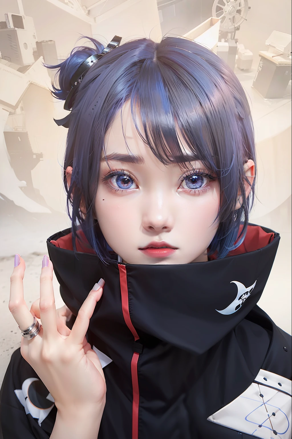 1girl, konan akatsuki, blue hair, short hair, black eyes, black clothes, realistic, ultra detail