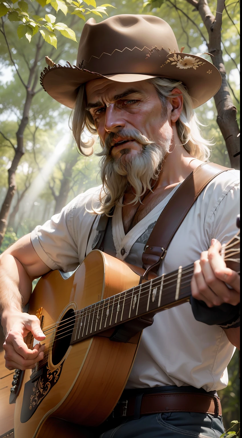 Imagine um velho cantor country cabelos e barba branca famoso, with passionate expression on his face, tocando uma antiga guitarra detalhes intrincados, as the sun's rays filter through the trees on a sunny afternoon.