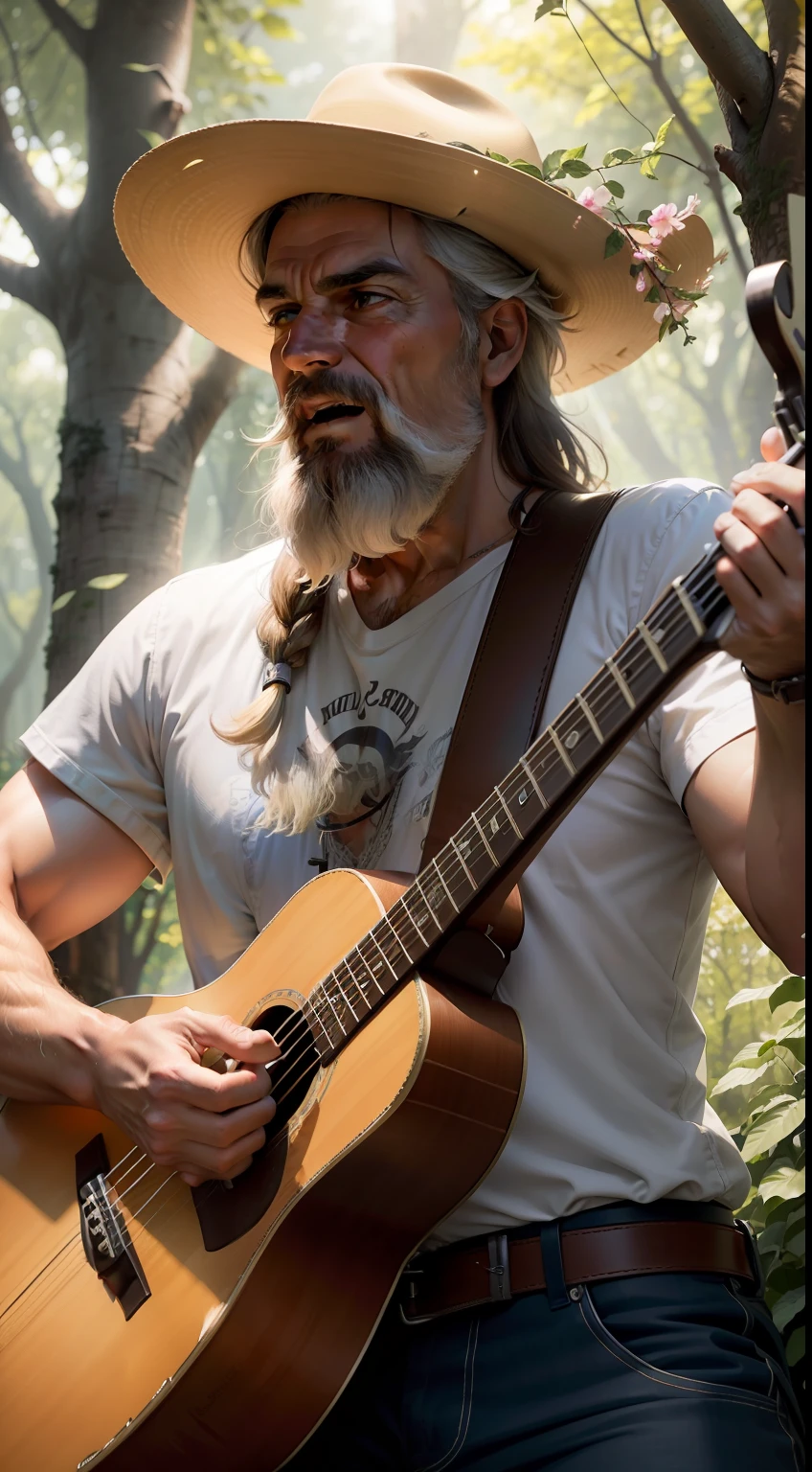 Imagine um velho cantor country cabelos e barba branca famoso, with passionate expression on his face, tocando uma antiga guitarra detalhes intrincados, as the sun's rays filter through the trees on a sunny afternoon.