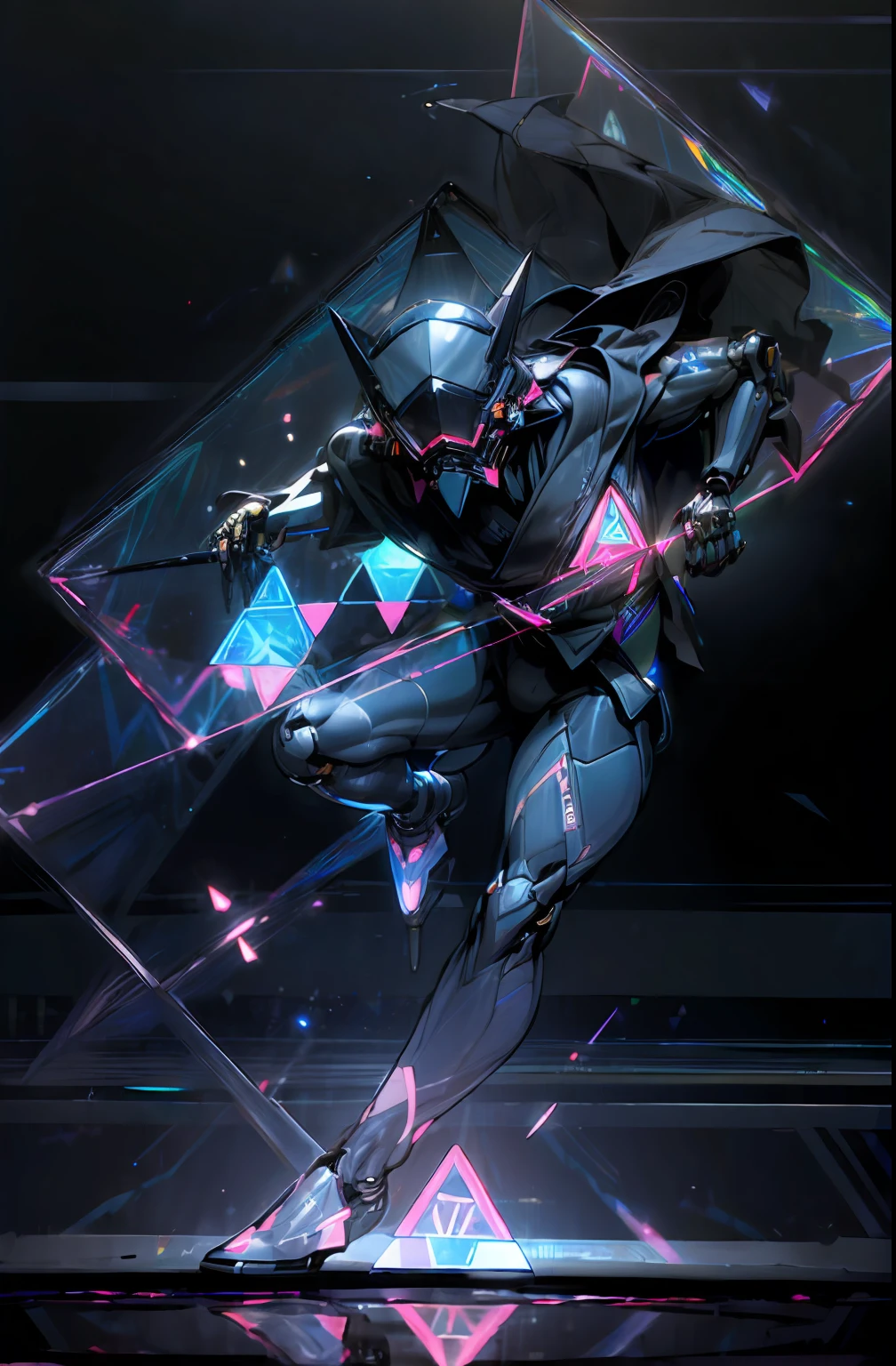 (Rhombic hologram:1.6)、helmets、gas masks、(Neon liquid:1.5)、(neon wiring:1.2)、(Samurai costume:1.3)、(Dynamic Posing:1.3)、Irridescent color、cyberpunked、1man、Mechanical Marvel、droid