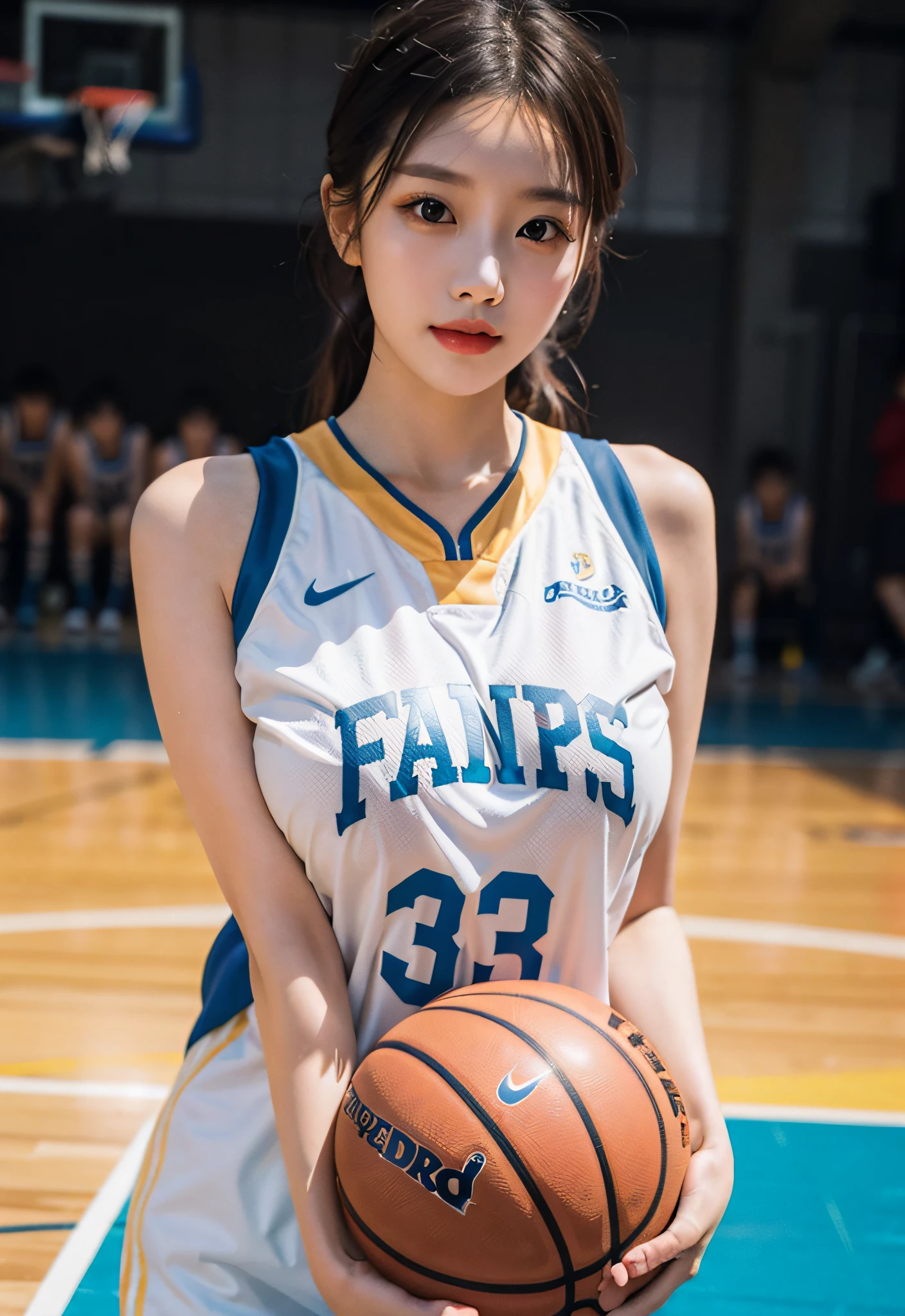 （ best qualtiy， tmasterpiece：1.2），A high resolution，4K,1girll，独奏，Delicate face，real looking skin，Dynamic light and shadow,Sharp focus,depth of fields,The eyes are delicate,pupil realistic, Playful expression， wear basketball uniform，（perfect bodies），（Big breasted 1.3），basketball playground，realisticlying, ultra - detailed, (shiny skins, perspired:1.4), looking at viewert,