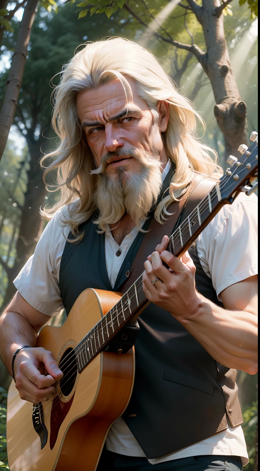 Imagine um velho cantor country cabelos e barba branca famoso, with passionate expression on his face, tocando uma antiga guitarra detalhes intrincados, as the sun's rays filter through the trees on a sunny afternoon.