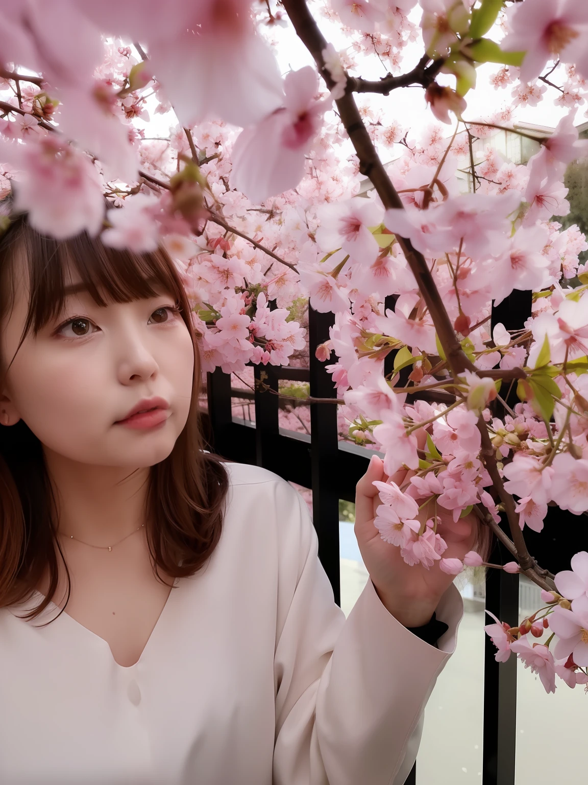 There is a woman standing under a pink flower tree, sakura season, under a cherry blossom tree, sakura bloomimg, cheeryblossom, 🤬 🤮 💕 🎀, sakura trees in the background, cherryblossom, cherry blossom, sakura petals around her, kinomoto sakura, Season!! : 🌸 ☀ 🍂 ❄, sakura season dynamic lighting, 🚿🗝📝