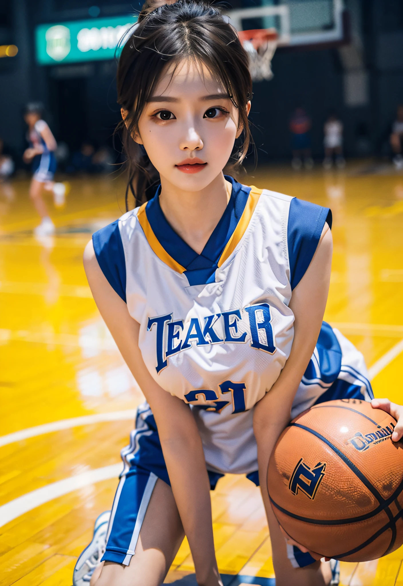 （ best qualtiy， tmasterpiece：1.2），A high resolution，4K,1girll，独奏，Delicate face，real looking skin，Dynamic light and shadow,Sharp focus,depth of fields,The eyes are delicate,pupil realistic, Playful expression， wear basketball uniform，（perfect bodies），（Big breasted 1.3），basketball playground，realisticlying, ultra - detailed, (shiny skins, perspired:1.4), looking at viewert,