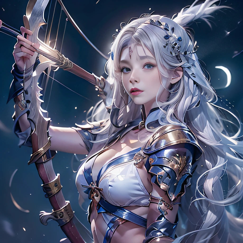 (Archer girl dressed in armor like an enchanting moon goddess),(Realistic Beautiful Night Sorceress),(Artemis, goddess of the moon),Silver bow and arrow with luxurious decoration in the hand,Ready to shoot the bow,mysterious girl,Amazing effect,(small tits),Lifelike face,Compassionate eyes,cute  face,Blue eyes,Realistic Nada Room,Silver hair shining like the moon,de pele branca,Young Goddess,Photoquality,Dignified Moon,Tsurime,Blue glowing eyes,