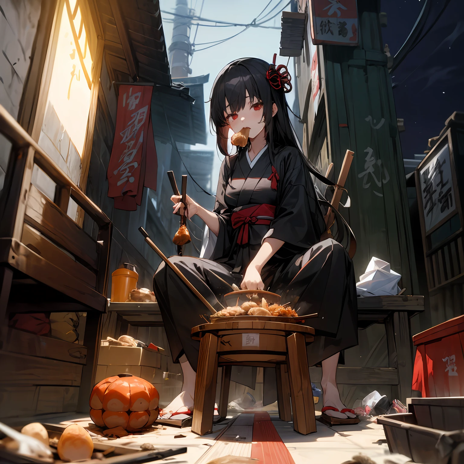from_below,(masterpiece, best quality),(night,trash,junk:1.3),(alley,food),1girl,eating,messy,empty can,black hair,long hair,messy hair,red eyes,black clothes,japanese clothes,crate,skewer,tokkuri,sukiyaki,oden,small breasts,sit on the ground,expressionless