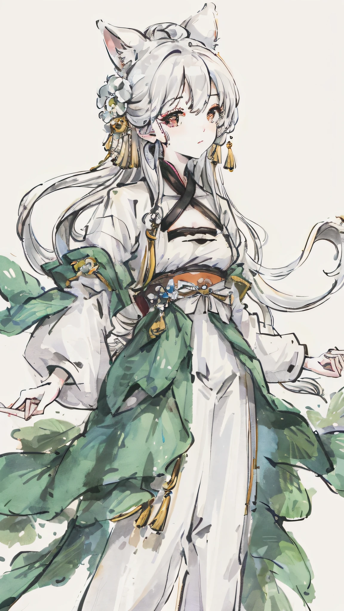 ((4K,Masterpiece,Best quality)), shuimobysim, Traditional Chinese painting, lotuses, Hanfu, maxikit, dress conservatively 1 girl, Bigchest，独奏, White hair, fox ear, white colors, The fish, lots of fish near the boy, looking at the viewer only,Tease oneeshota,